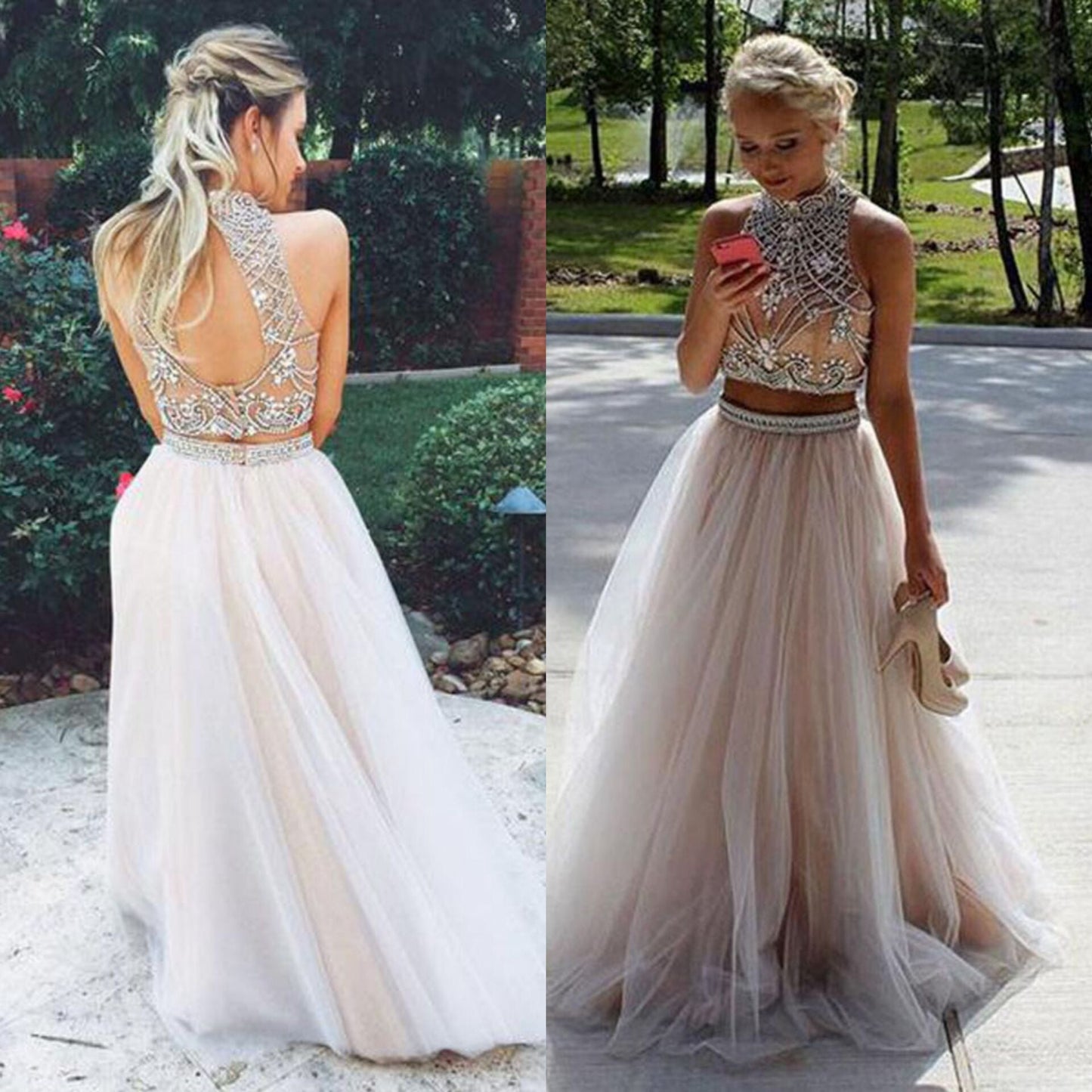 Two Piece High Neck Sleeveless A Line Floor Length Prom Dresses