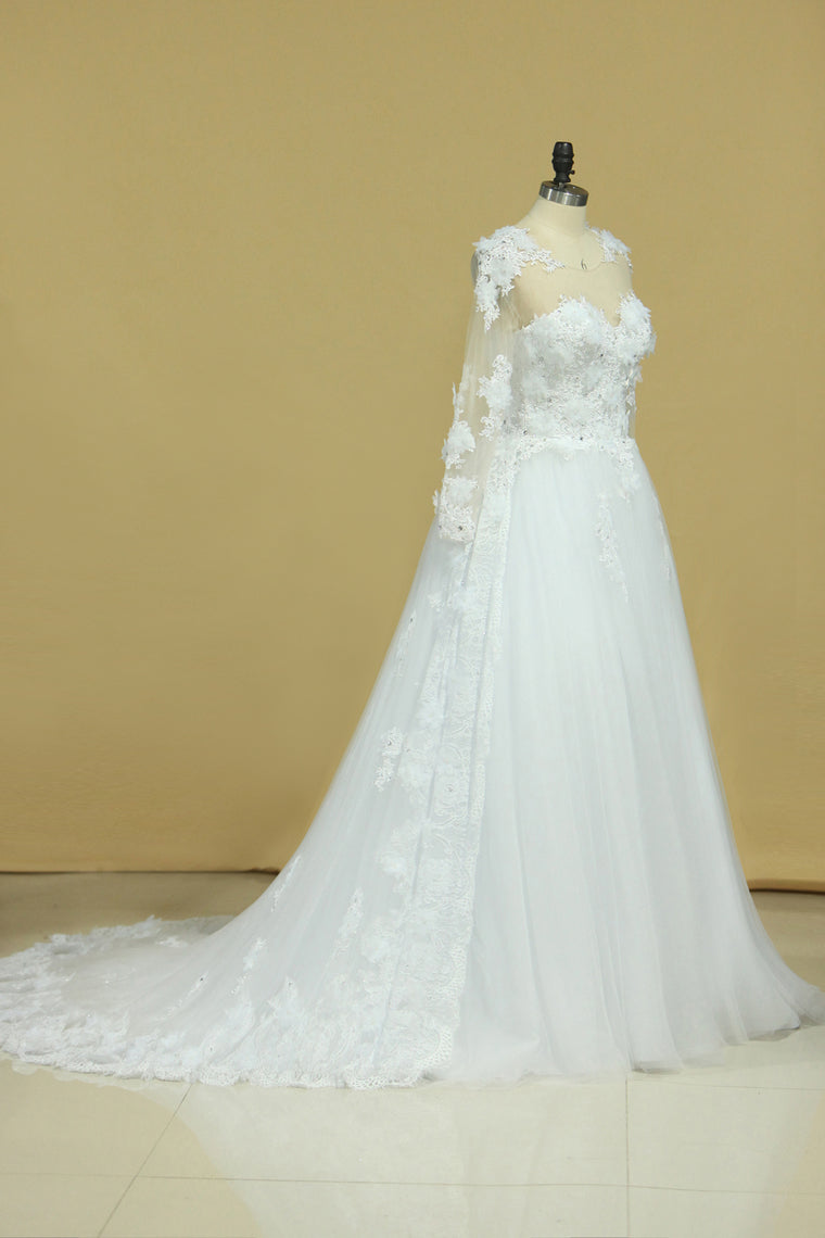 2024 Hot Long Sleeves Wedding Dresses Scoop Tulle With Applique