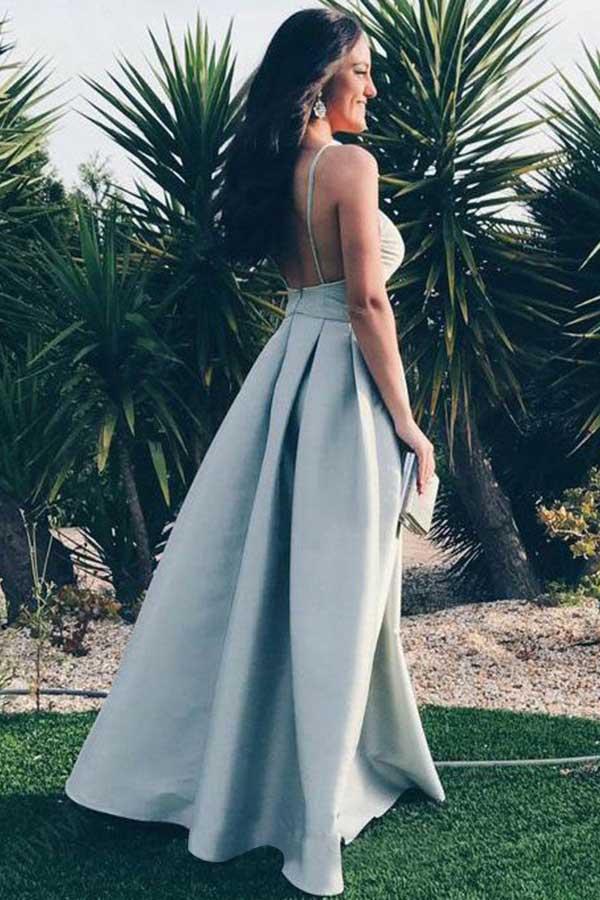 Sexy Backless Spaghetti Straps V Neck Floor Length Prom Dresses