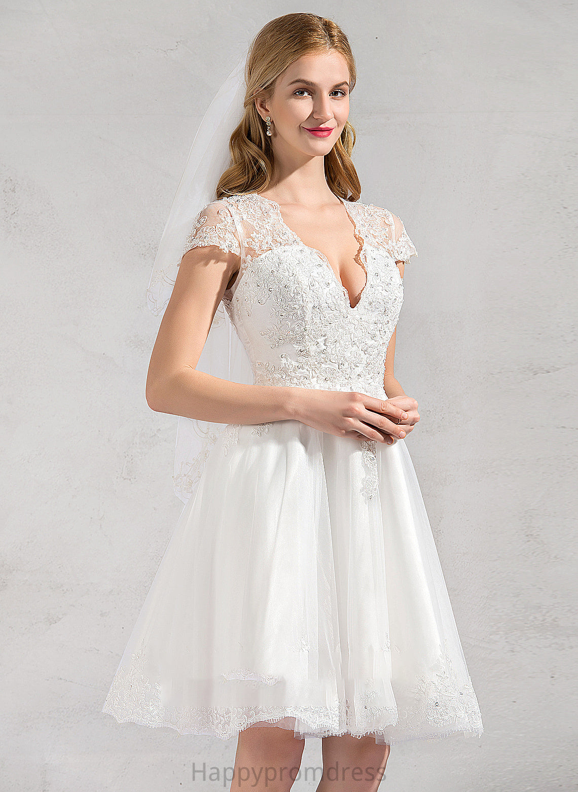 Wedding Tulle Beading Lace Knee-Length Dress Appliques Sequins With Wedding Dresses Lace A-Line Jazmin V-neck