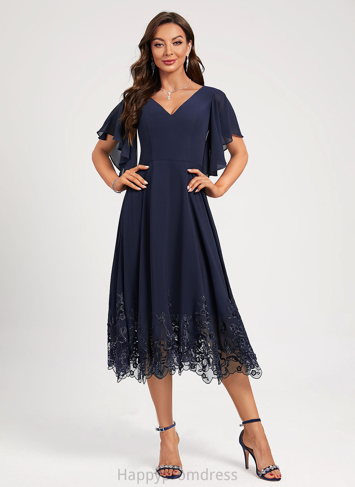 Sequined Tea-Length With V-neck Sequins Lace Yasmin Lace A-Line Dress Cocktail Dresses Cocktail