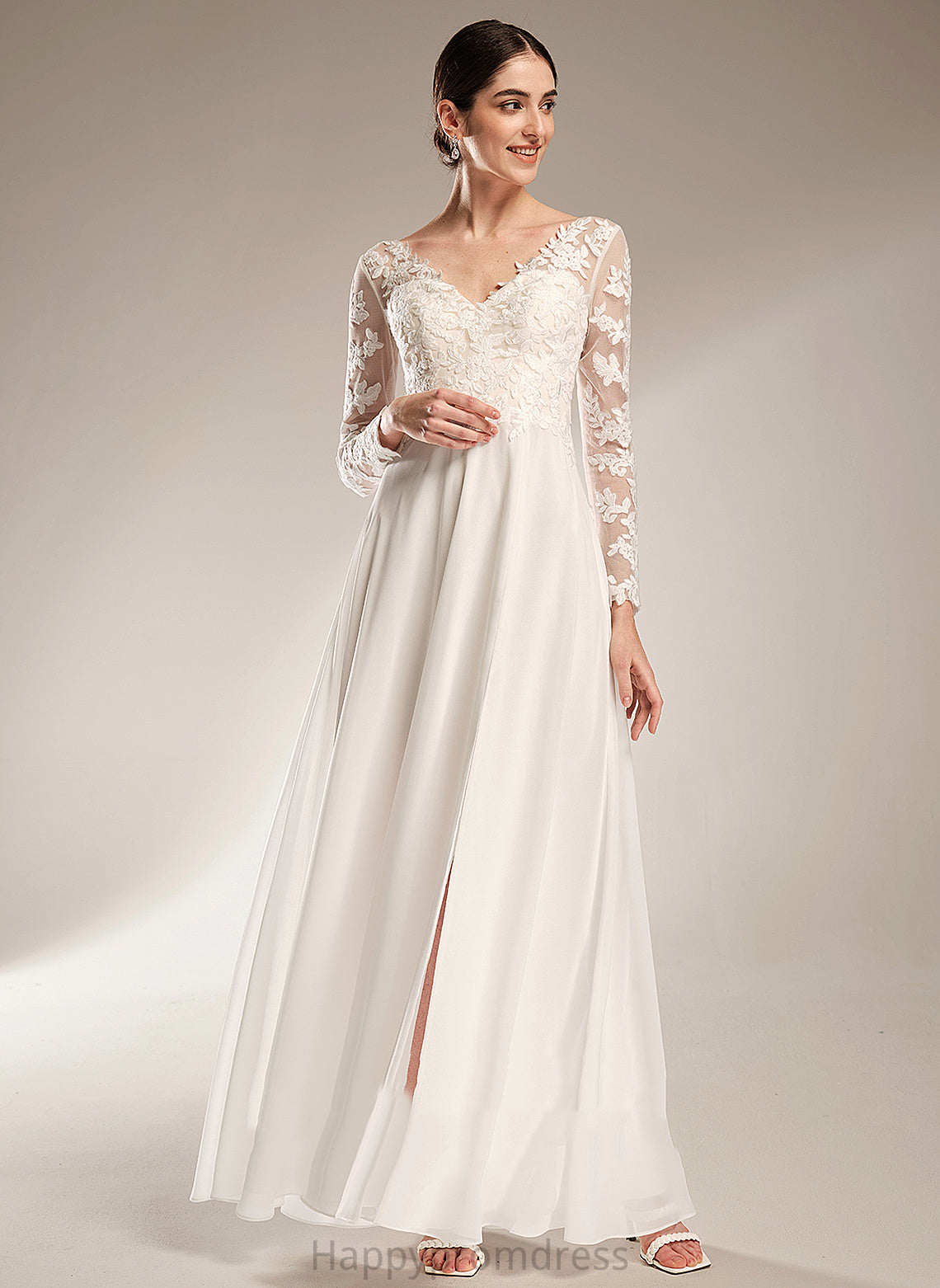 Floor-Length Lace A-Line Front Split Chiffon With Wedding Wedding Dresses V-neck Dress Sarahi