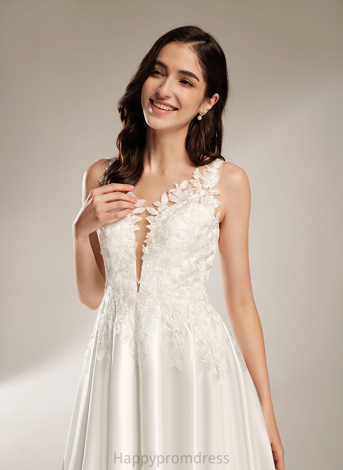 Wedding Dresses With Tea-Length Dress V-neck Wedding Satin Pockets A-Line Lace Jaycee