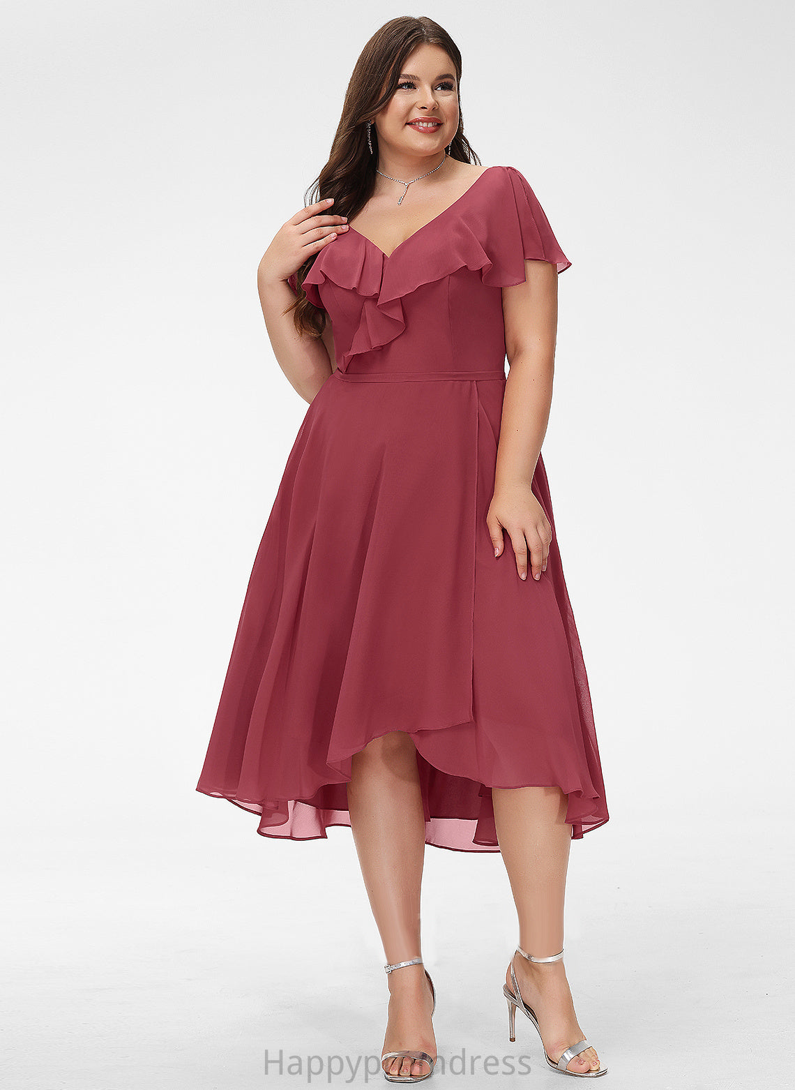 A-Line Dress Cocktail V-neck Asymmetrical With Chiffon Gianna Ruffle Cocktail Dresses