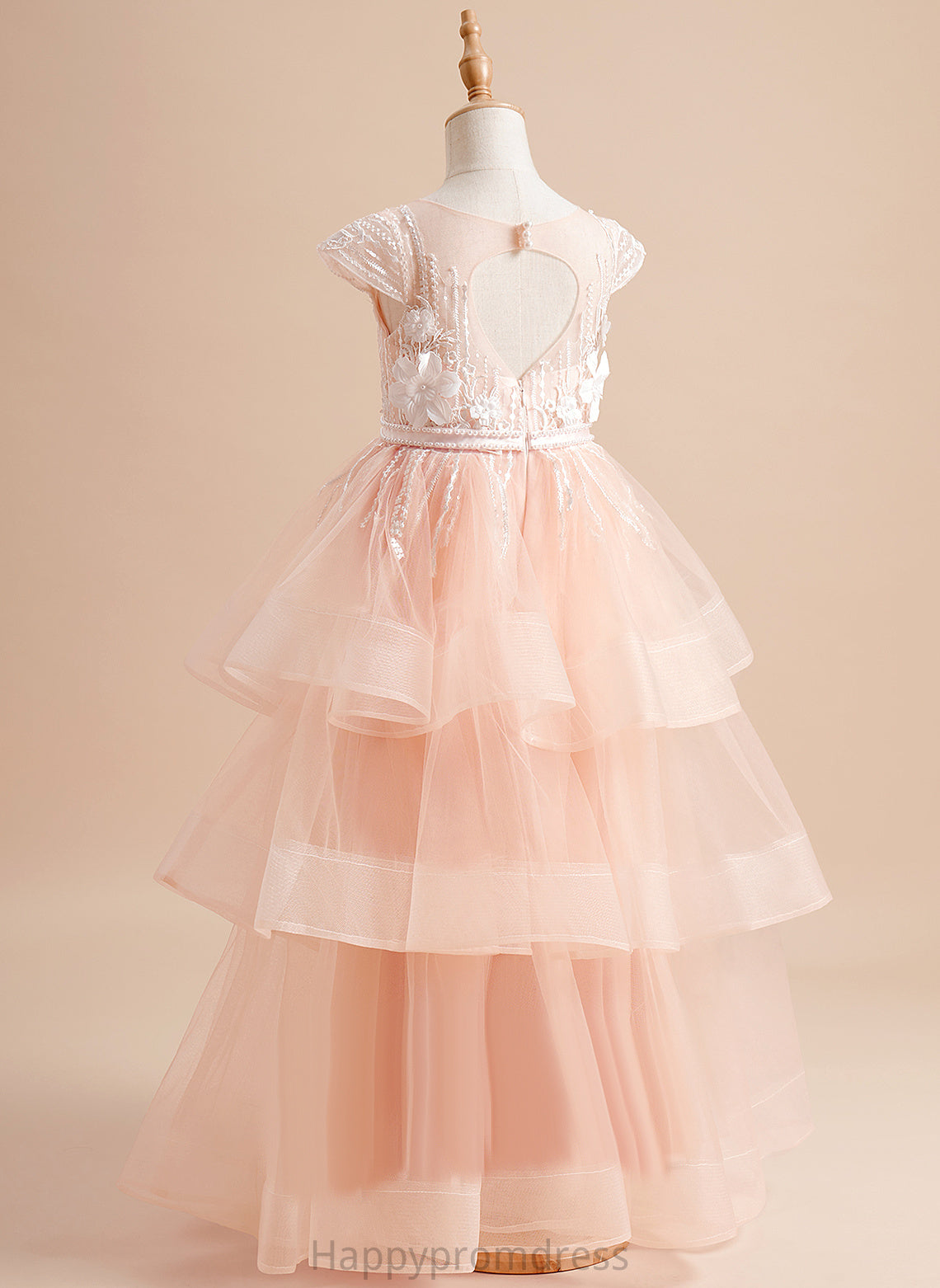 Tulle Sleeves Girl Dress - Hadassah Flower Girl Dresses Neck Short Scoop Ball-Gown/Princess With Floor-length Beading/Flower(s)/Bow(s) Flower