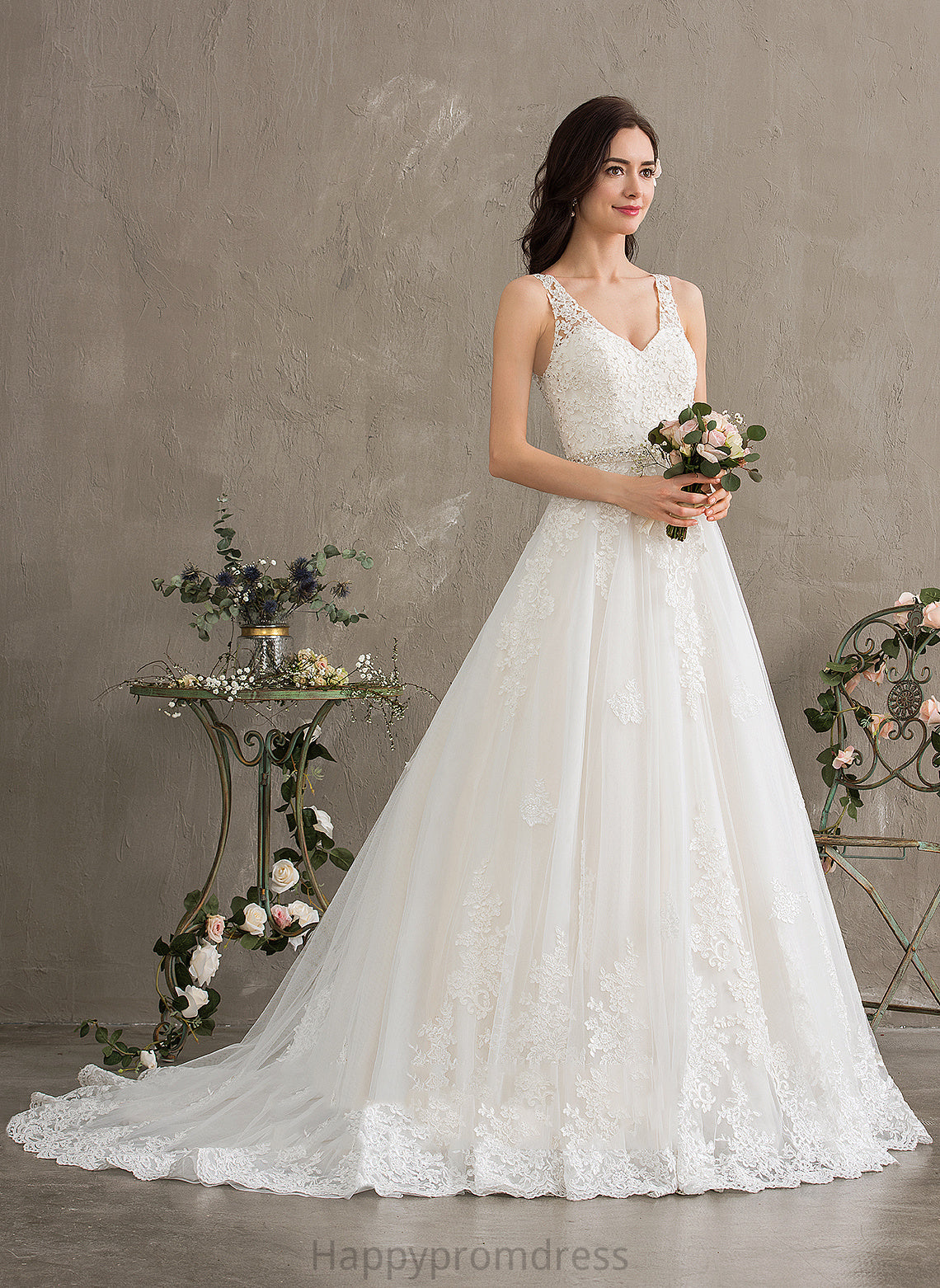 Wedding Dress Tulle Wedding Dresses With Train Beading Lace Jakayla Court Sequins V-neck Ball-Gown/Princess