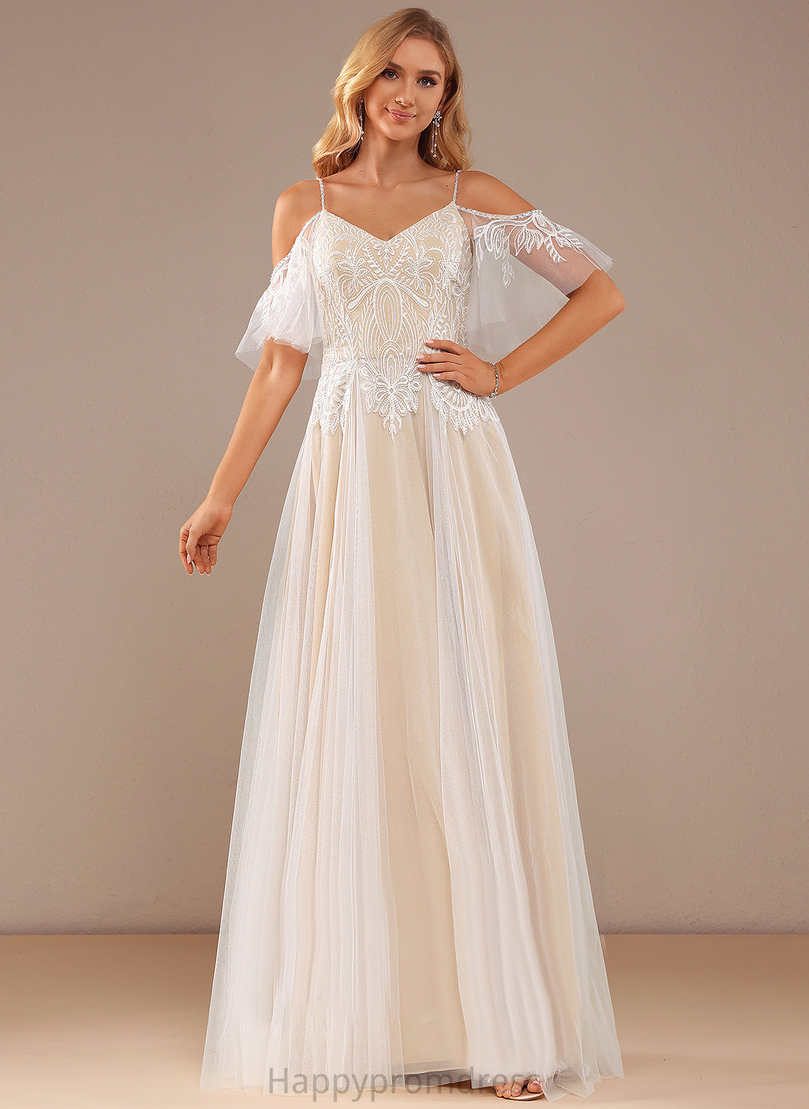 Yoselin Wedding Dresses A-Line Ruffle V-neck Beading With Lace Lace Dress Sequins Tulle Floor-Length Wedding