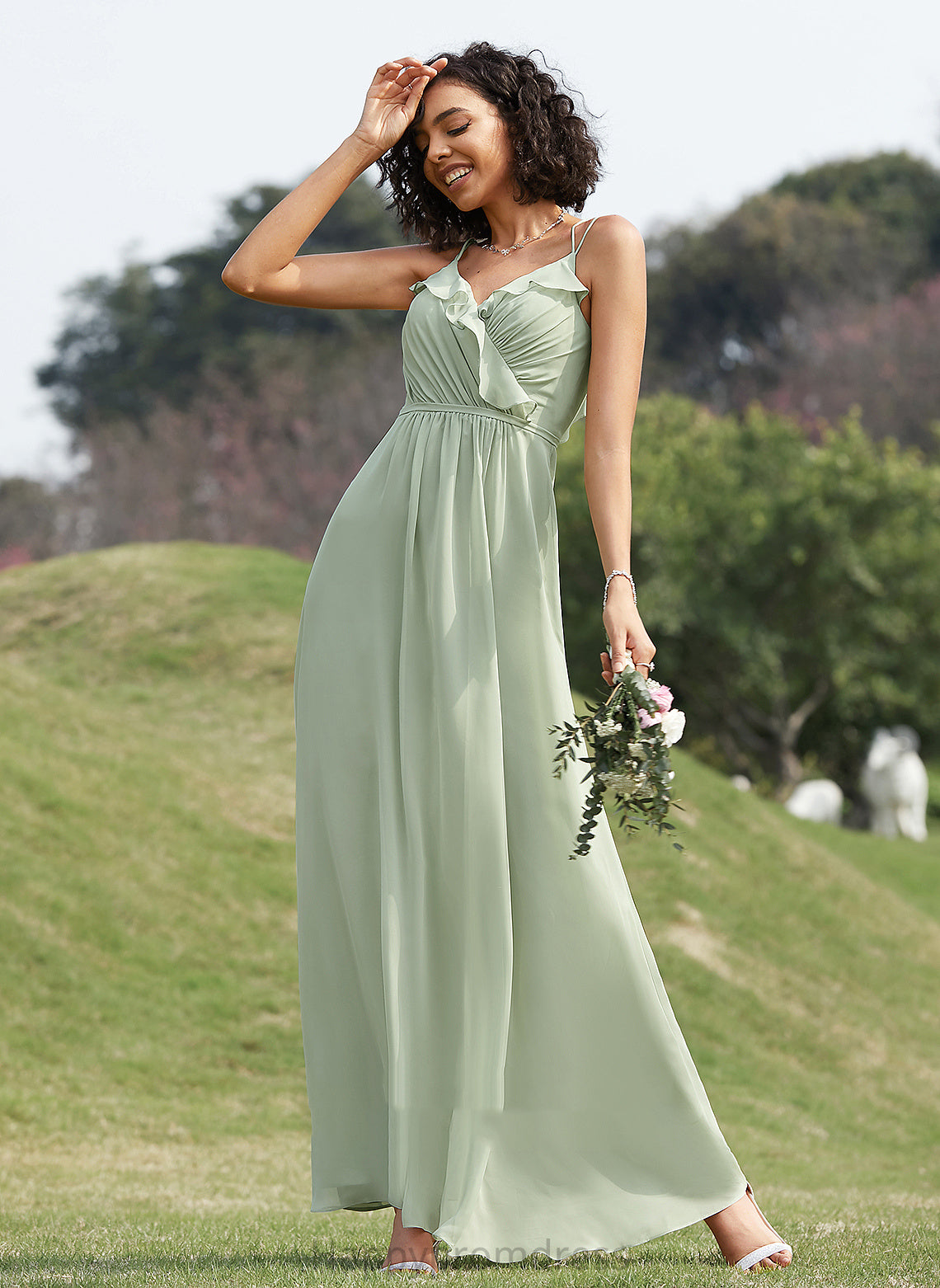 V-neck Floor-Length Embellishment Silhouette Neckline Ruffle Fabric A-Line Length Saniya V-Neck Empire Waist Bridesmaid Dresses