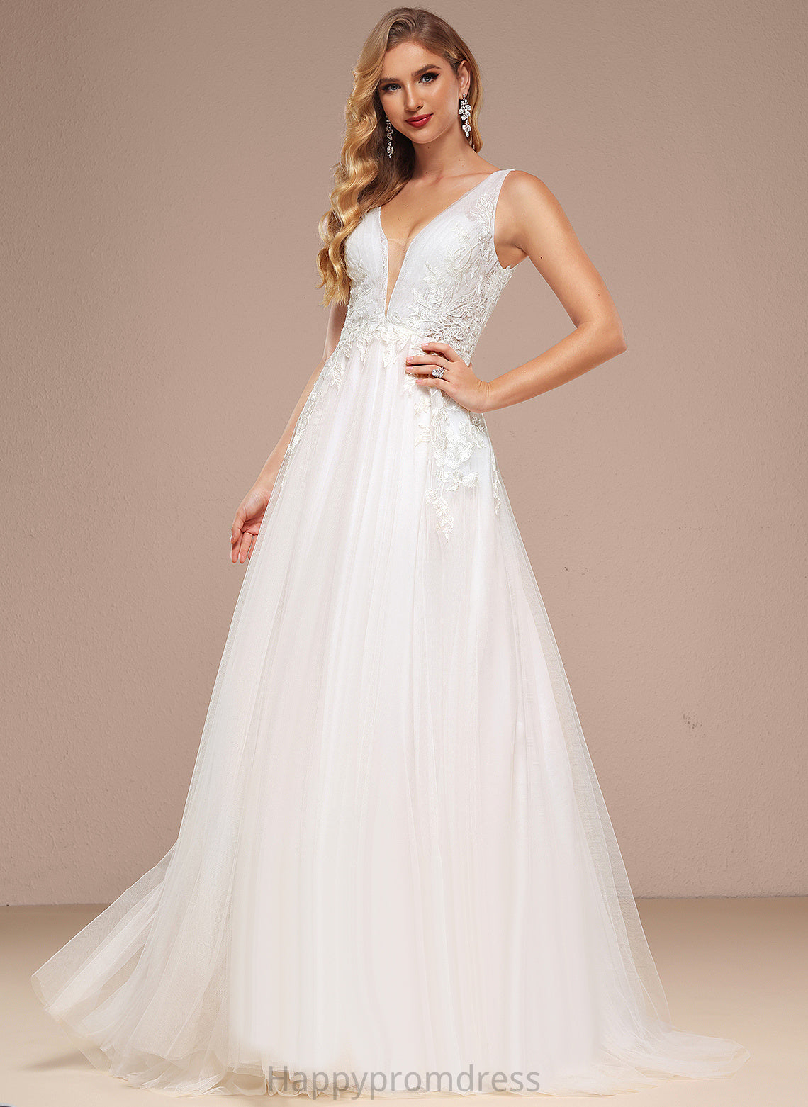 Tulle A-Line Train Wedding Dresses Dress Sequins With Lace Evie Sweep Wedding V-neck