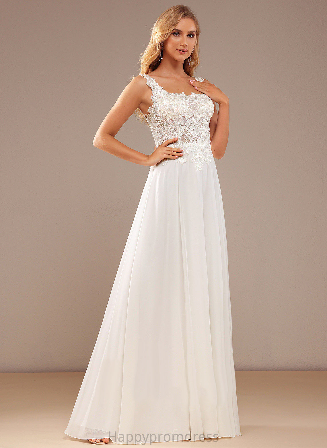 A-Line Neckline Wedding Square Chiffon Sequins Wedding Dresses Floor-Length Dress Leanna Lace Lace With