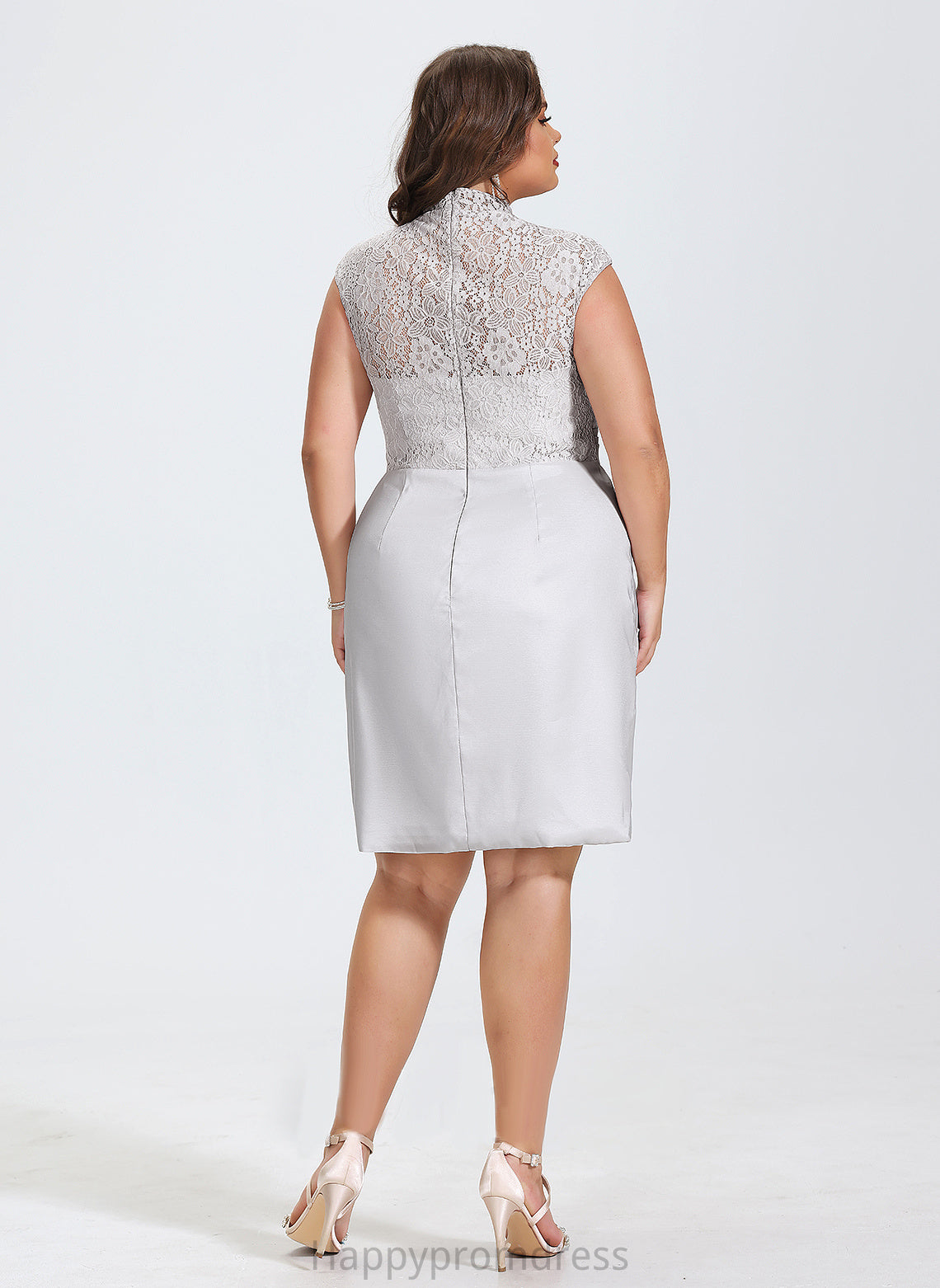 Neck High Cocktail Dresses Dress Knee-Length Sheath/Column Cocktail Charmeuse Ruffle With Aiyana Lace