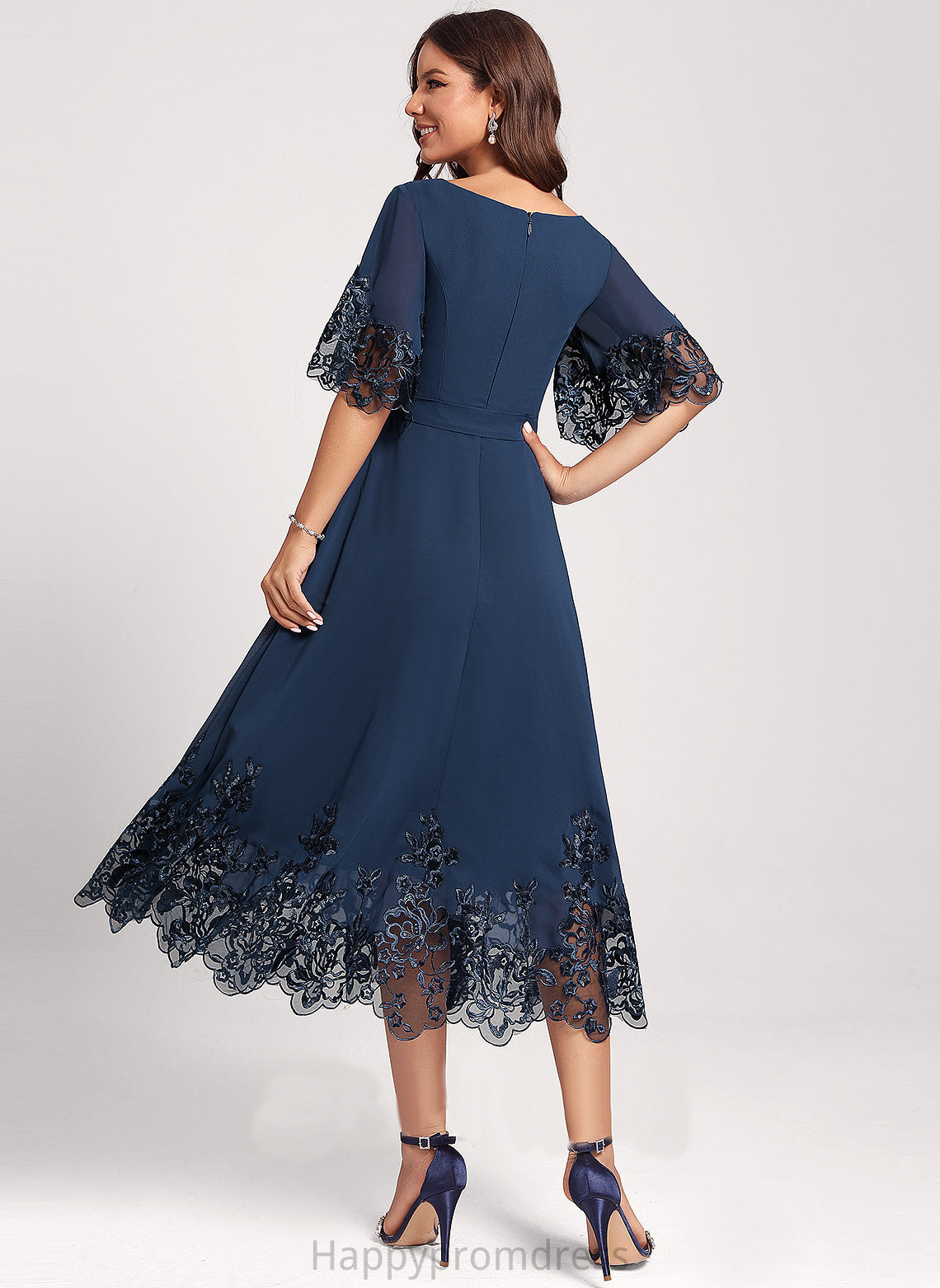 Cocktail Sequins Anya Dress A-Line V-neck Club Dresses Chiffon With Tea-Length Lace