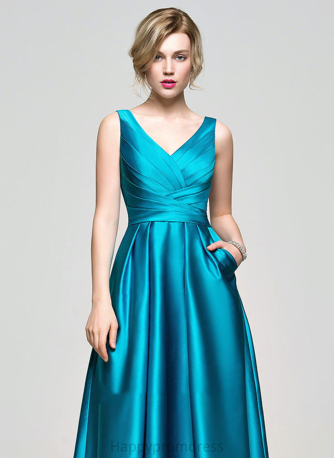 Pockets Satin Ruffle V-neck With Alena Floor-Length Prom Dresses Ball-Gown/Princess