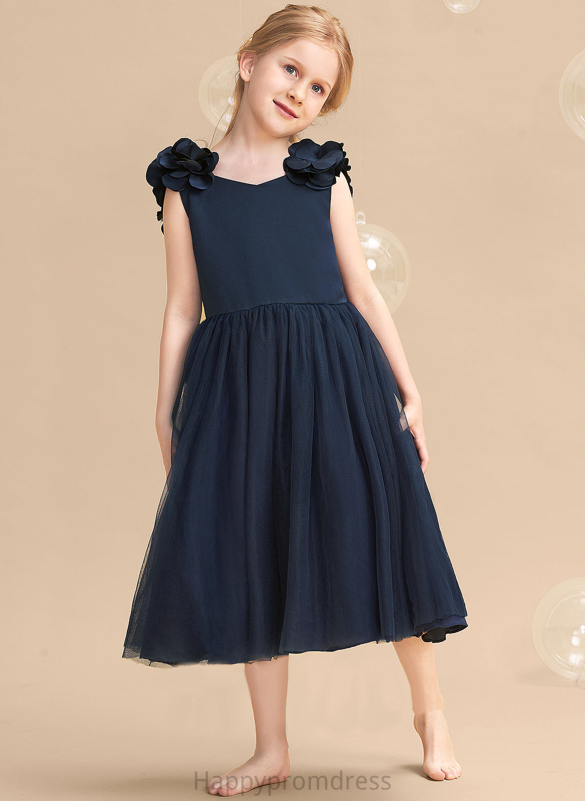 - With Flower(s)/Bow(s) Flower Satin/Tulle Flower Girl Dresses Nora V-neck A-Line Girl Dress Sleeveless Tea-length