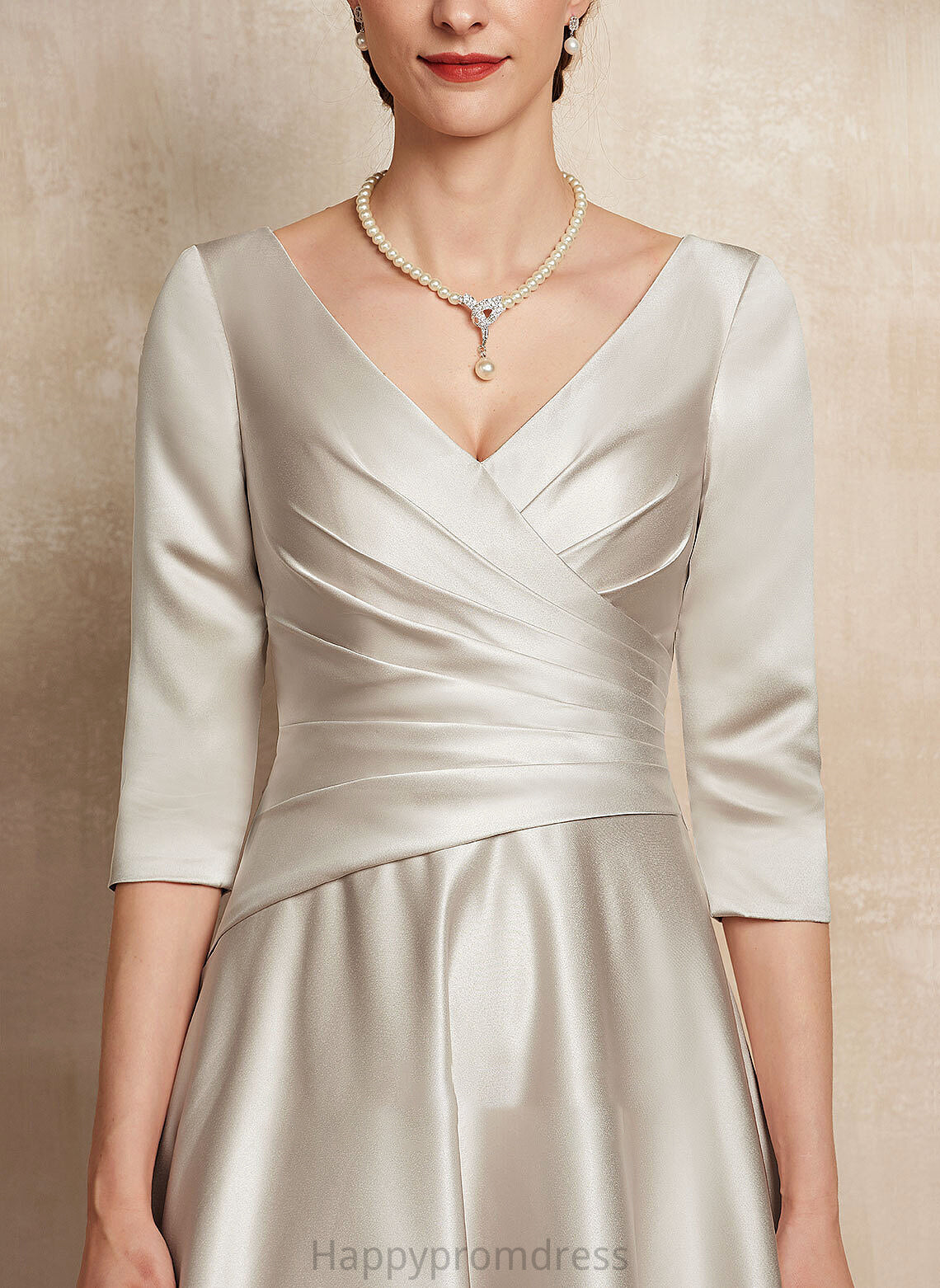 Bride Mother of the Bride Dresses Satin Mother Brenda A-Line With Ruffle Tea-Length V-neck Dress of the