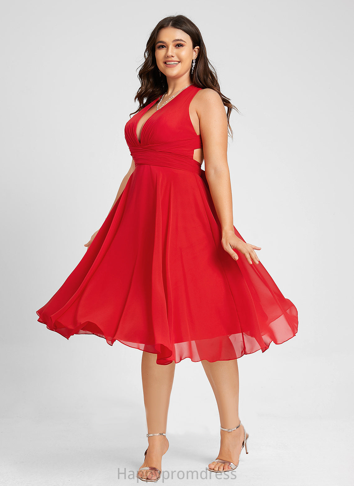 Dress Chiffon Moriah Ruffle Knee-Length With Cocktail Bow(s) A-Line V-neck Cocktail Dresses