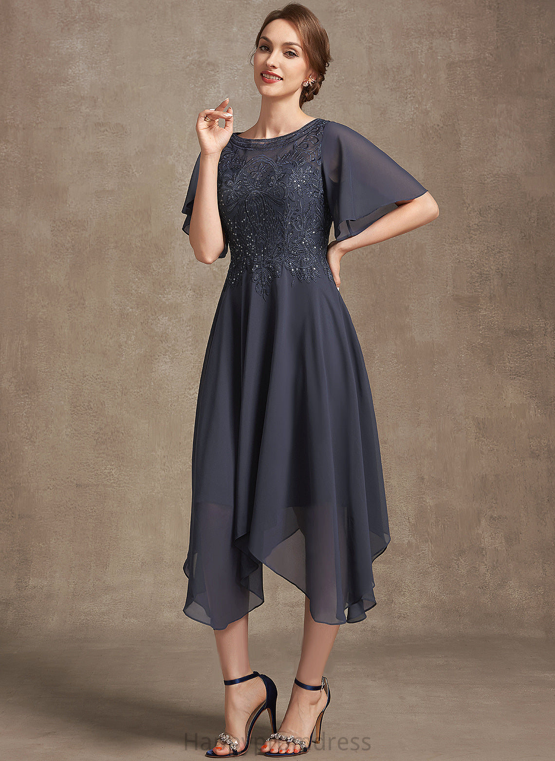 Scoop Chiffon of Bride A-Line Mother of the Bride Dresses Lace Tea-Length Dress Mother Marcia With Sequins the Neck