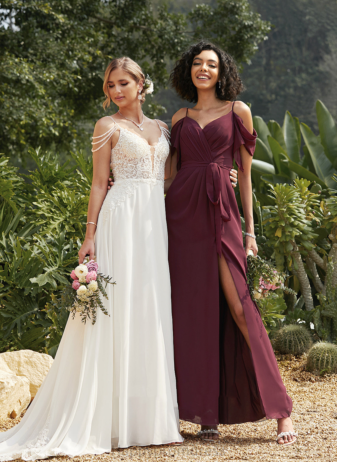 V-neck A-Line Length Fabric Sash Neckline Ruffle SplitFront Floor-Length Silhouette Embellishment Deanna Bridesmaid Dresses