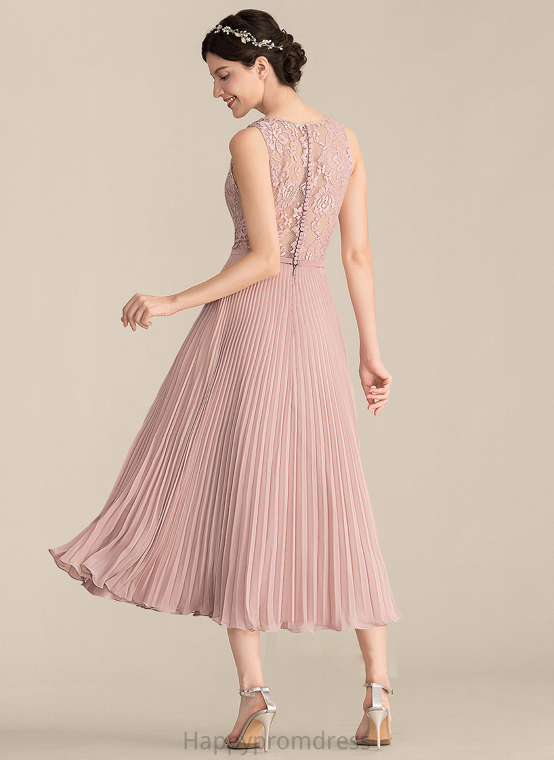 Pleated Fabric V-neck Embellishment Neckline Length Silhouette A-Line Tea-Length Phoebe Straps Natural Waist Bridesmaid Dresses