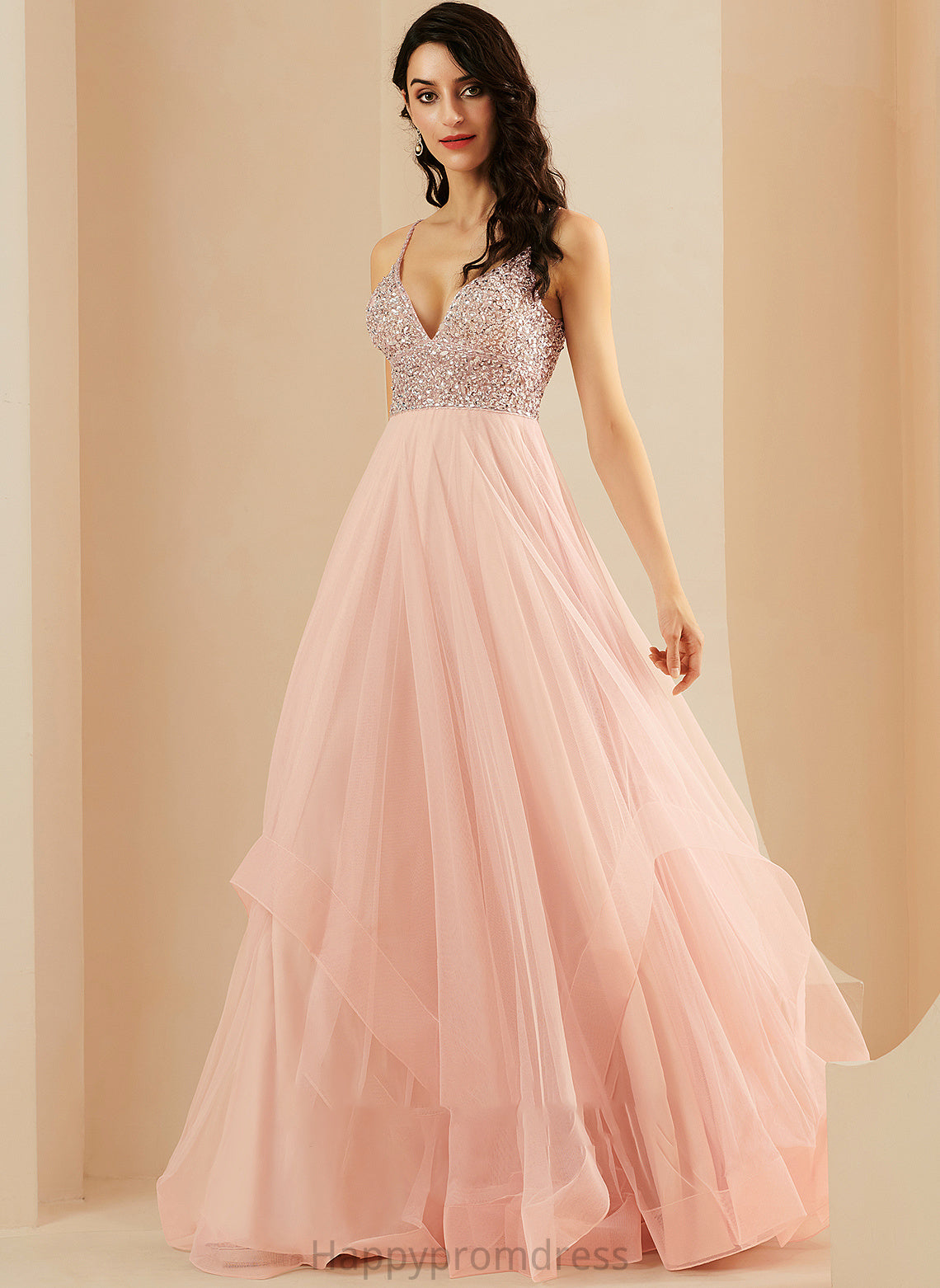 With Sequins V-neck Floor-Length Tulle Jasmine Prom Dresses A-Line Beading