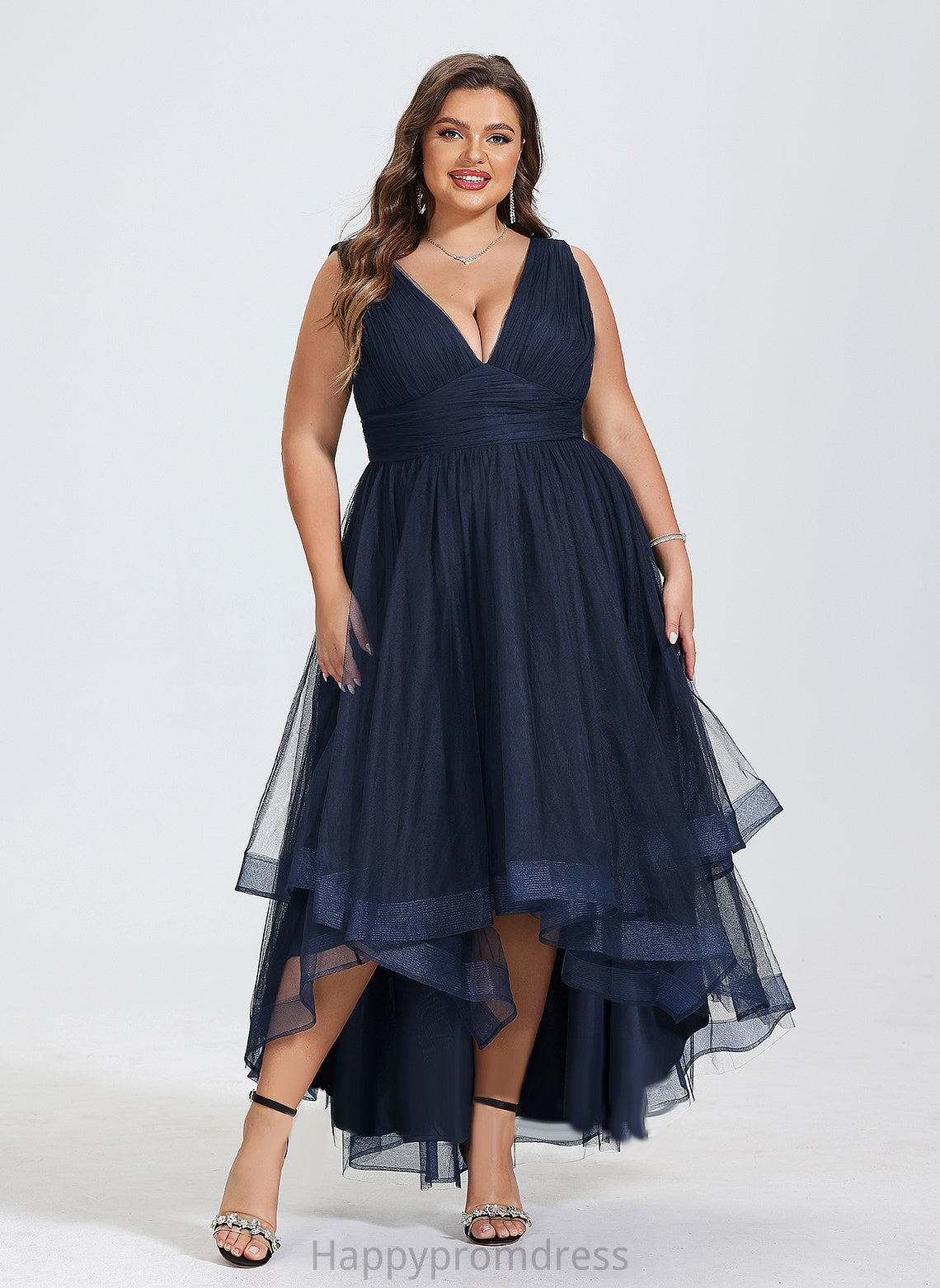 Adrienne Asymmetrical Tulle Cascading V-neck With A-Line Dress Pleated Cocktail Cocktail Dresses Ruffles