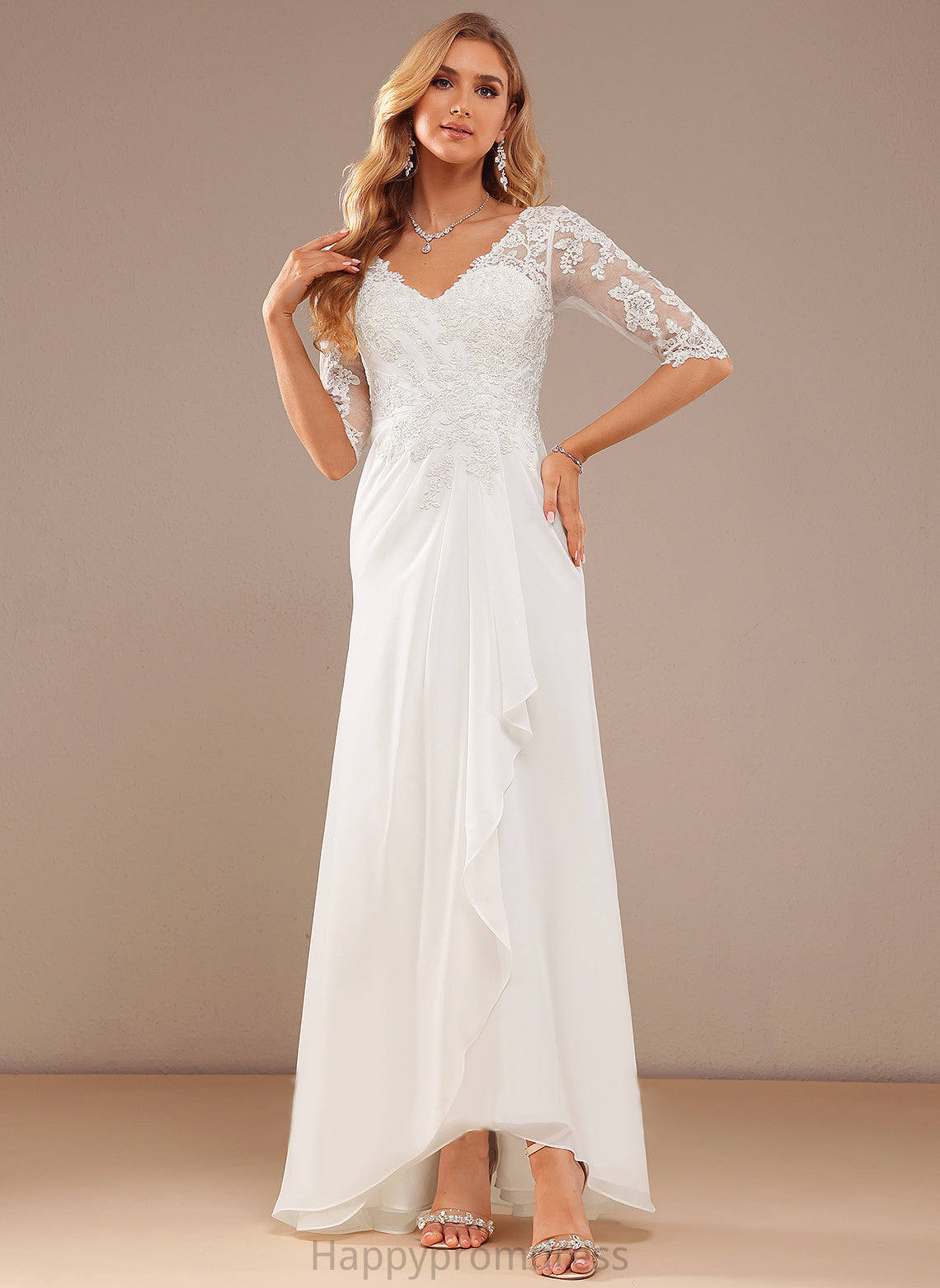 Wedding Dresses Lace V-neck Chiffon Wedding Asymmetrical Dress Ruffle A-Line Mikayla With