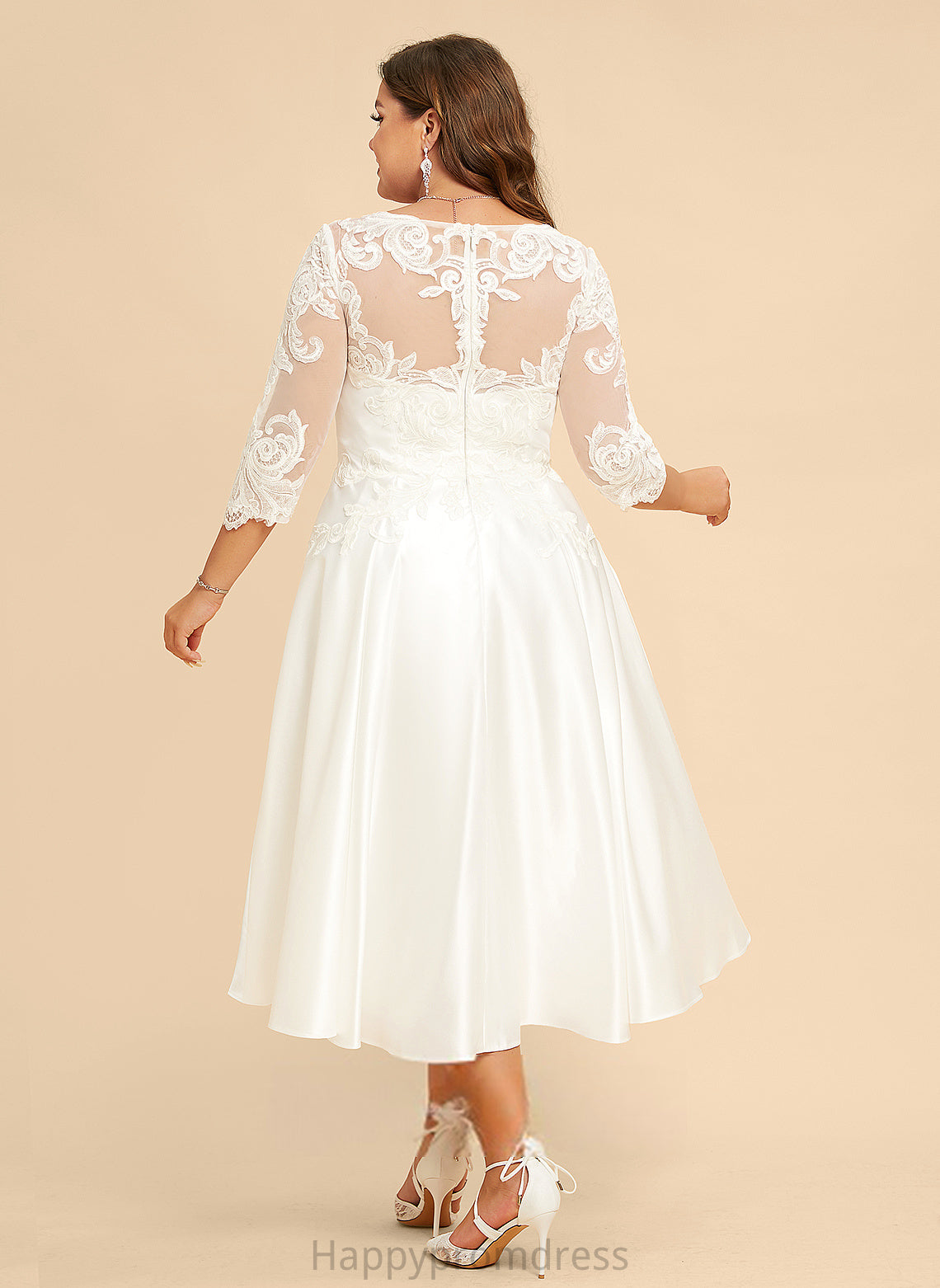 Illusion A-Line Lace With Satin Wedding Tea-Length Wedding Dresses Dress Louisa