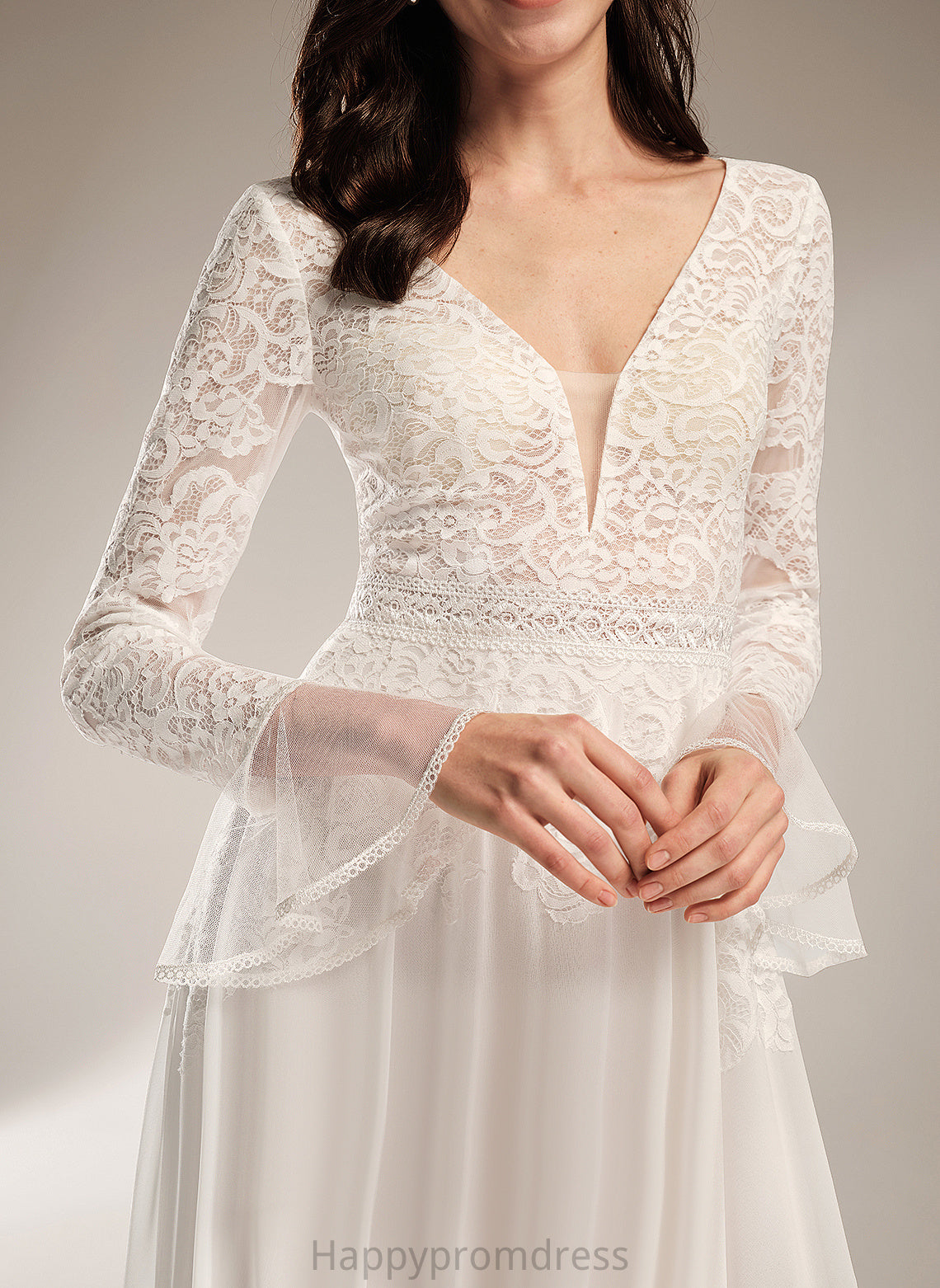 Wedding Dresses Wedding Ruffle Dress Lace Court V-neck Chiffon A-Line Train With Juliet