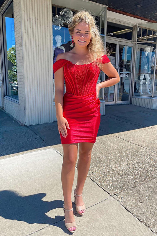 Cute Red Off the Shoulder Satin Homecoming Dresses with Lace