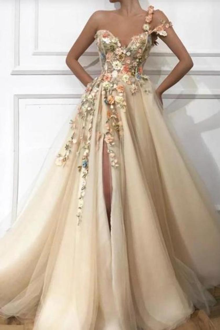 Prom Dress Tulle Handmade Flowers Slit One Shoulder Sweep Train