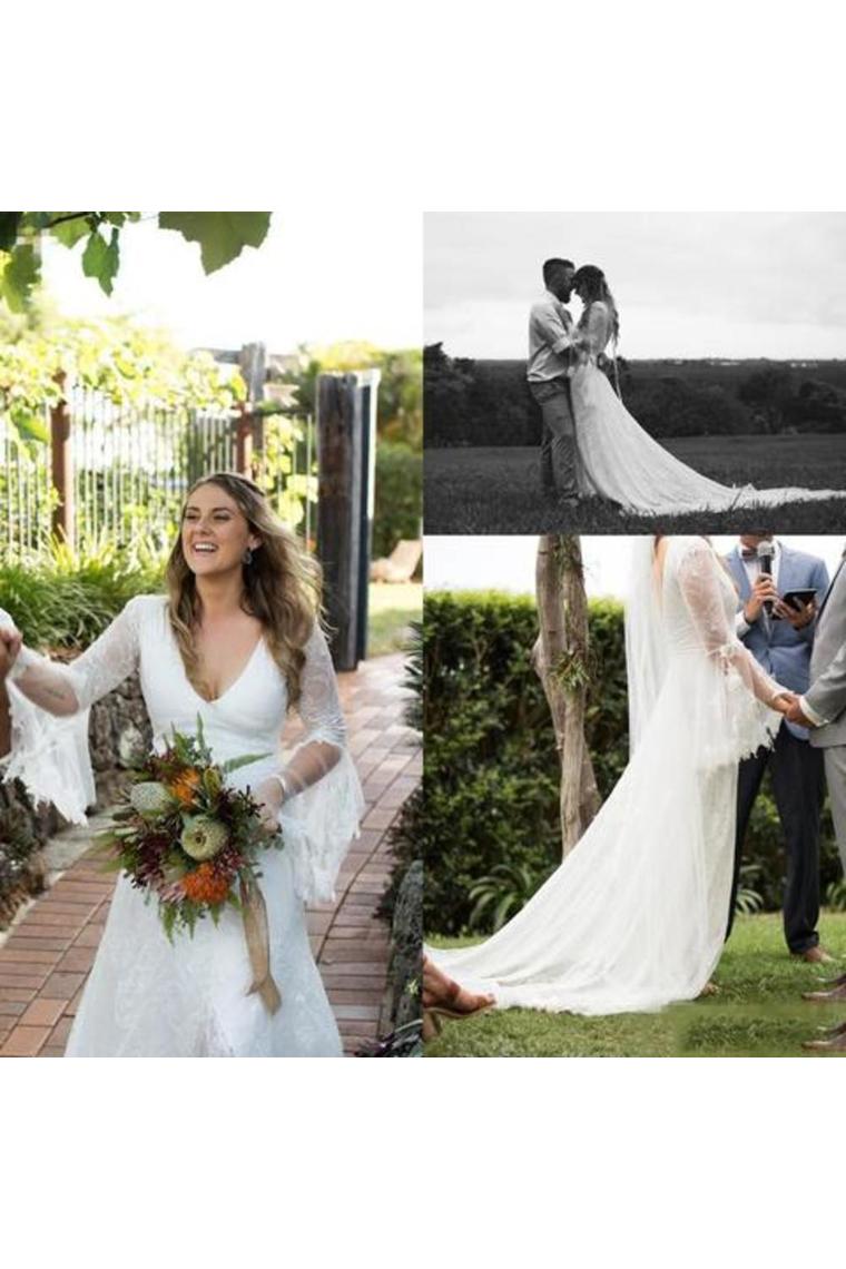 V Neck Beach Wedding Dress With Long Sleeves Unique Lace Wedding Dresses