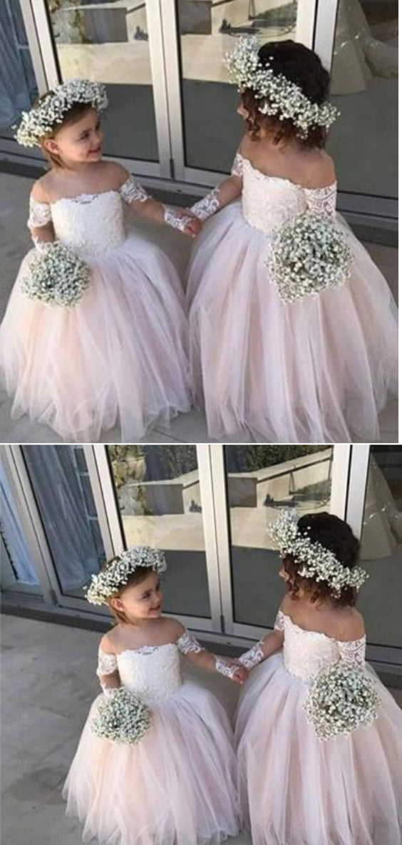 Cute Off the Shoulder Lace A Line With Appliques Flower Girl Dresses