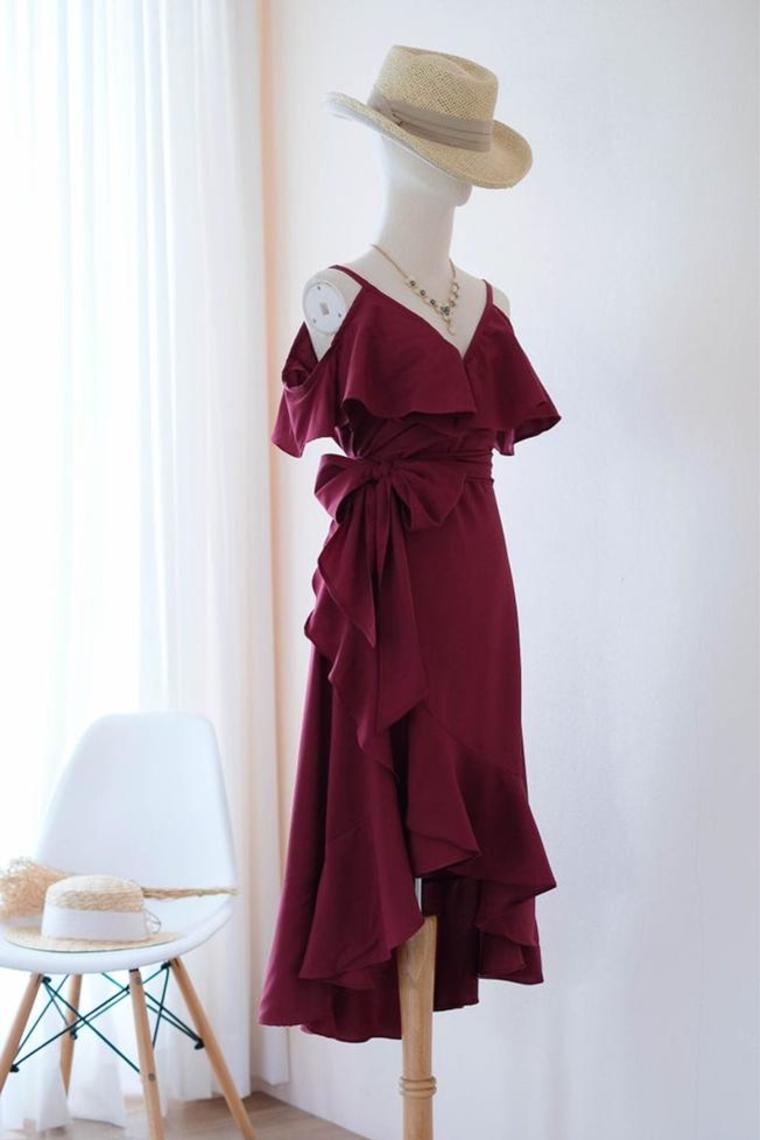 Elegant High-Low V-Neck Burgundy Homecoming Dress With Ribbon