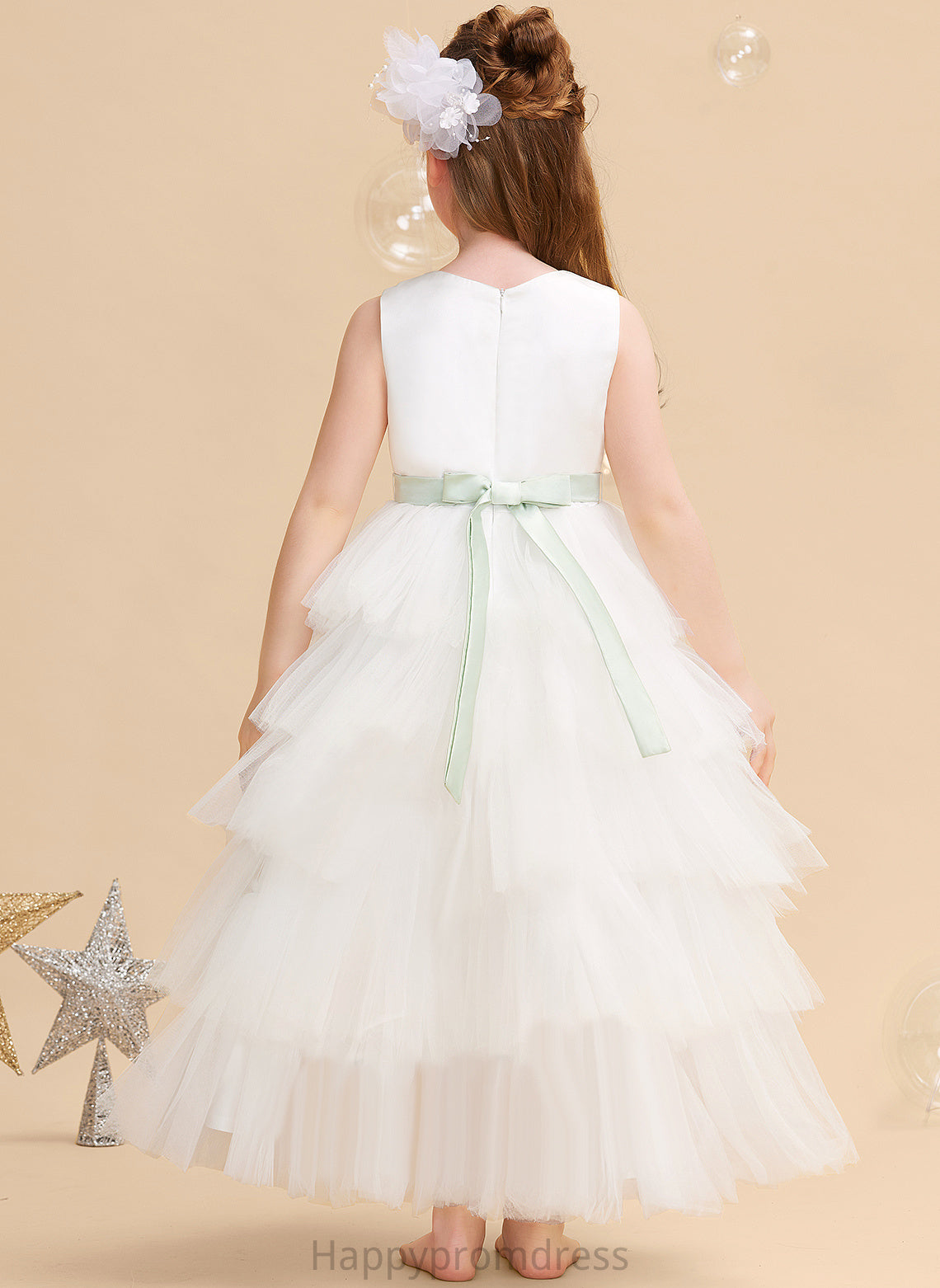 - With Flower Ball-Gown/Princess Tulle Asymmetrical Brooklynn (Detachable Neck Girl sash) Scoop Sash/Beading Flower Girl Dresses Sleeveless Dress