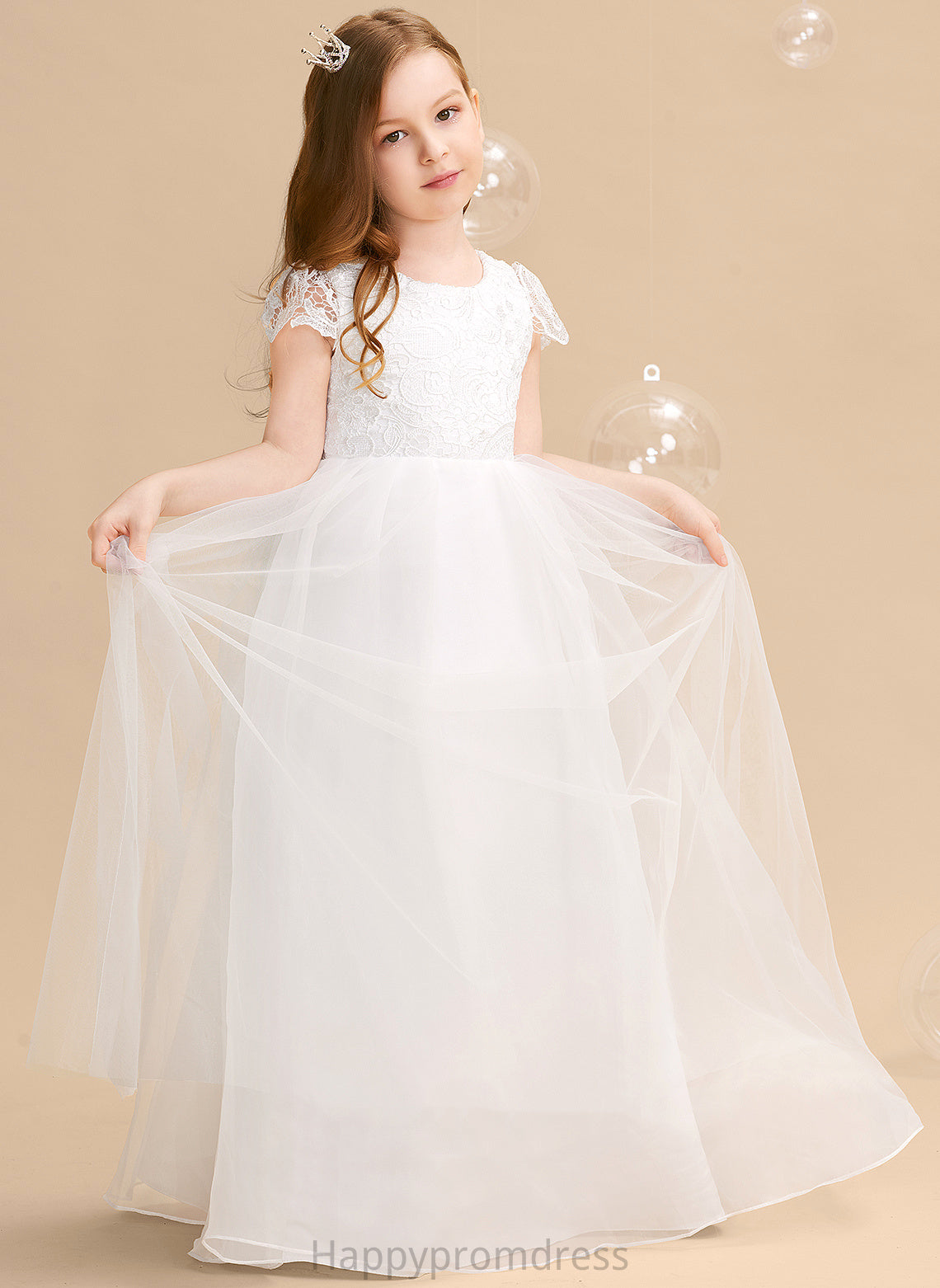 Tulle/Lace Short Ball-Gown/Princess Bow(s) Scoop Girl Flower With Anabel - Sleeves Dress Flower Girl Dresses Neck Floor-length