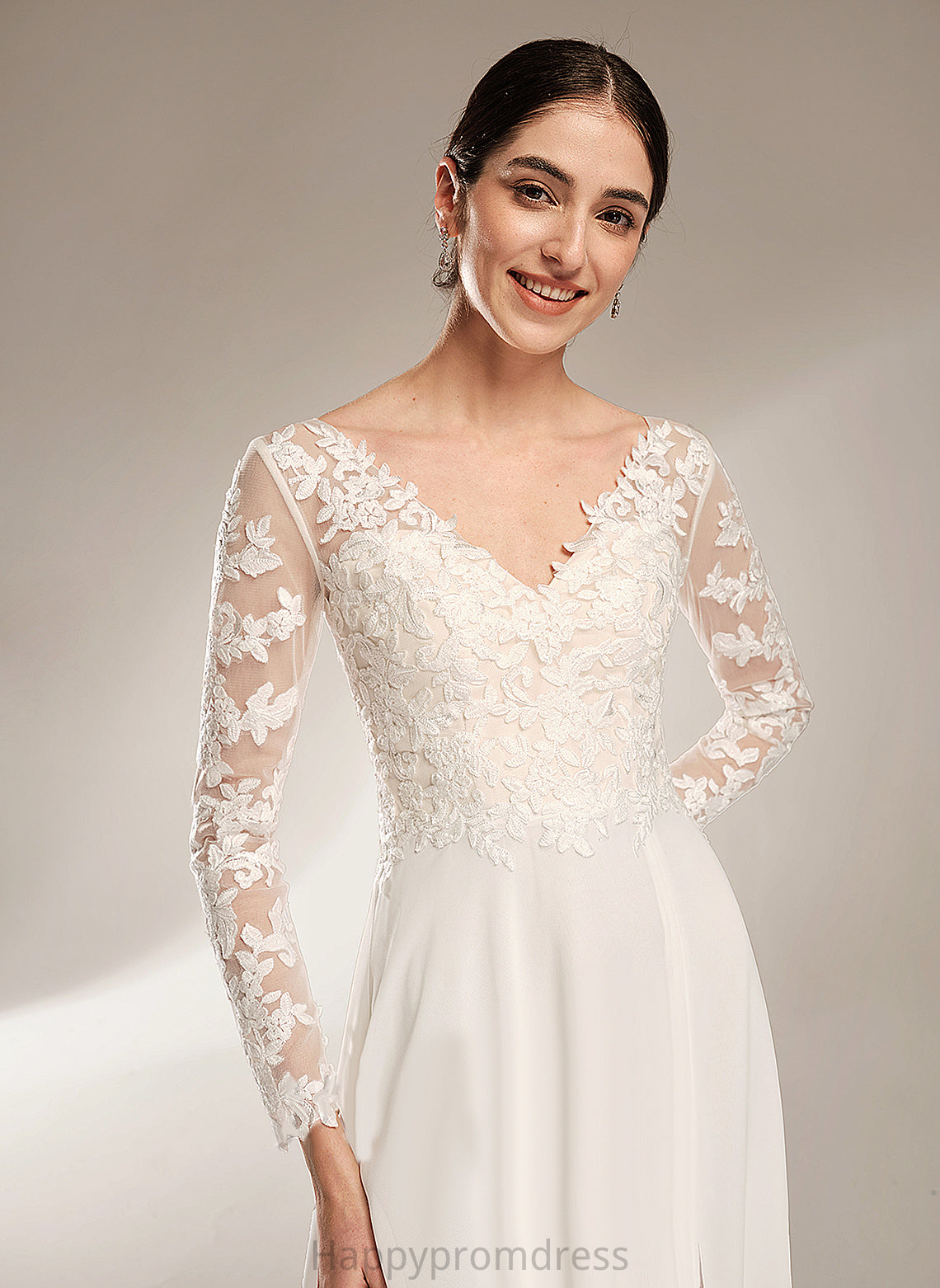 Floor-Length Lace A-Line Front Split Chiffon With Wedding Wedding Dresses V-neck Dress Sarahi