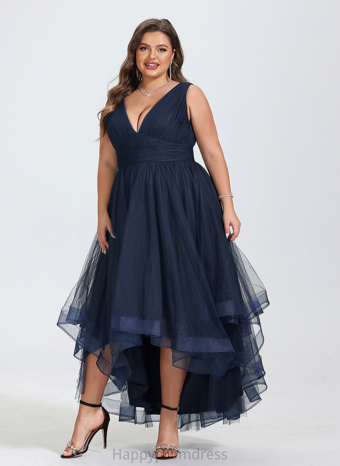 Adrienne Asymmetrical Tulle Cascading V-neck With A-Line Dress Pleated Cocktail Cocktail Dresses Ruffles