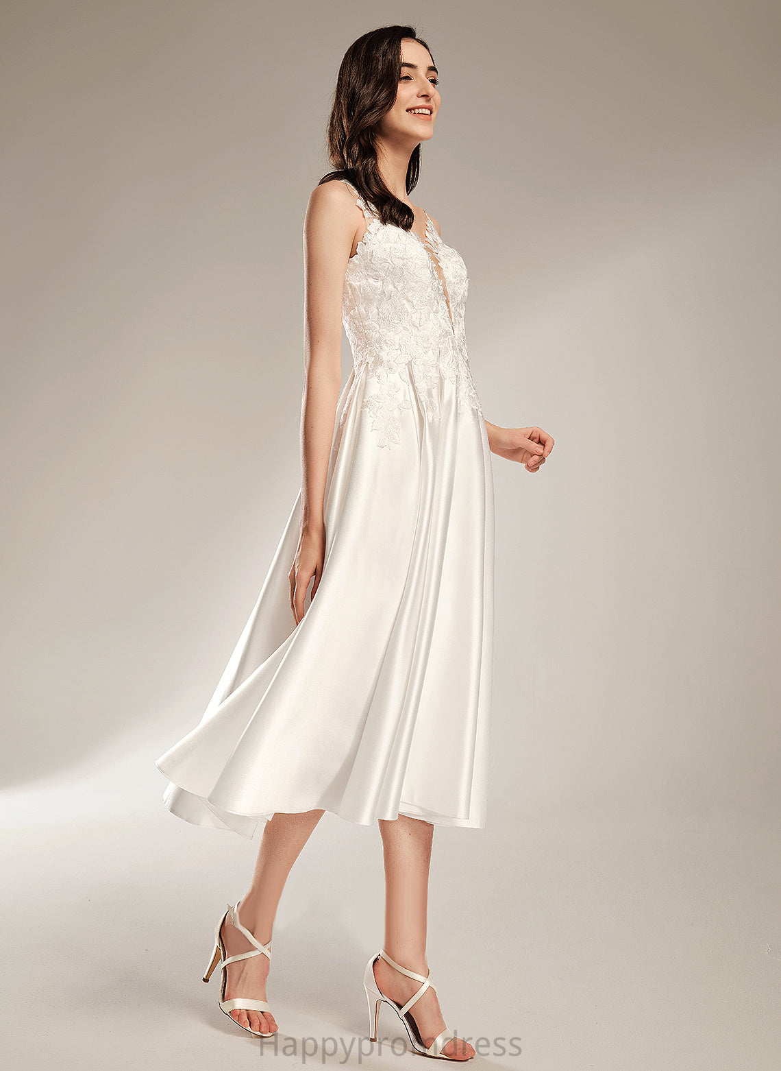 Wedding Dresses With Tea-Length Dress V-neck Wedding Satin Pockets A-Line Lace Jaycee