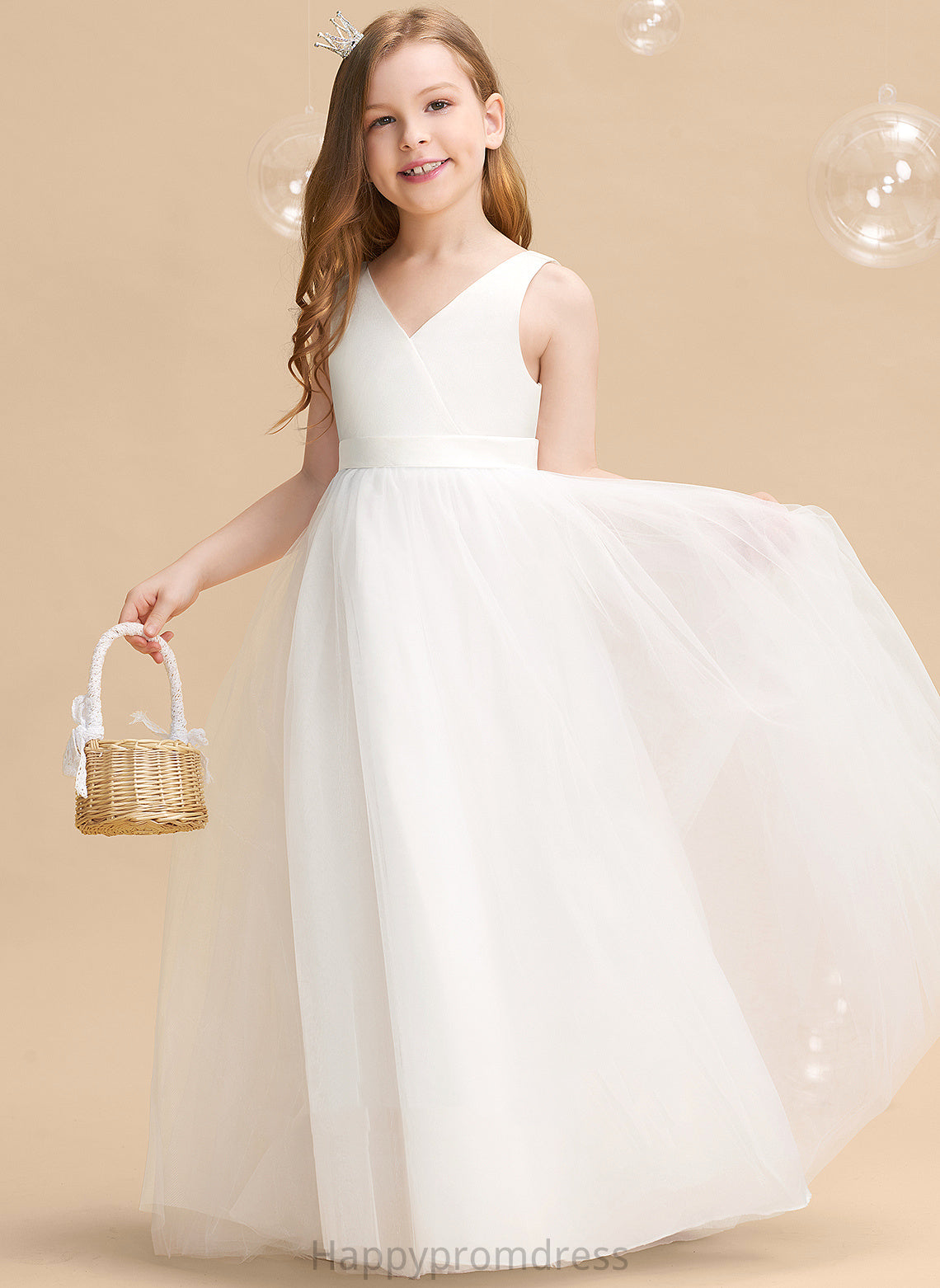 V-neck Bow(s)/V Floor-length Evie - Back Flower Tulle Ball-Gown/Princess Girl Flower Girl Dresses With Sleeveless Dress