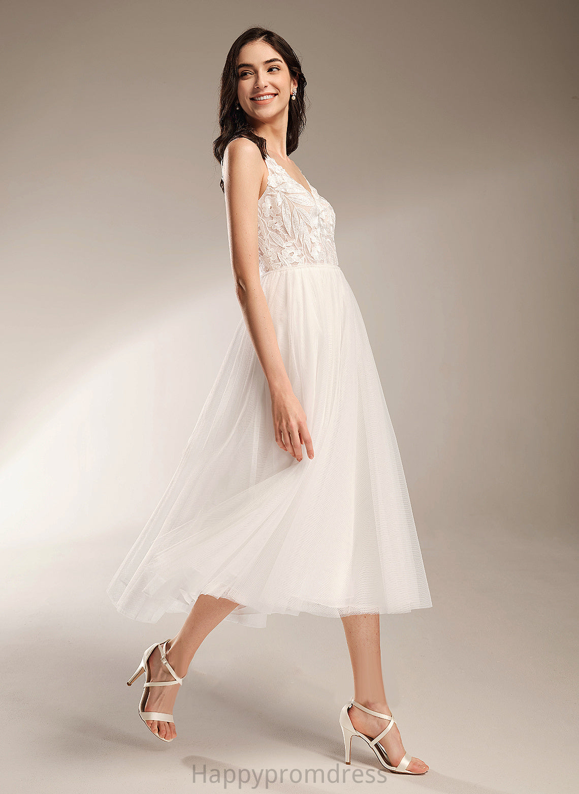 Wedding Dresses Tulle A-Line Lace Persis Dress Tea-Length Wedding V-neck