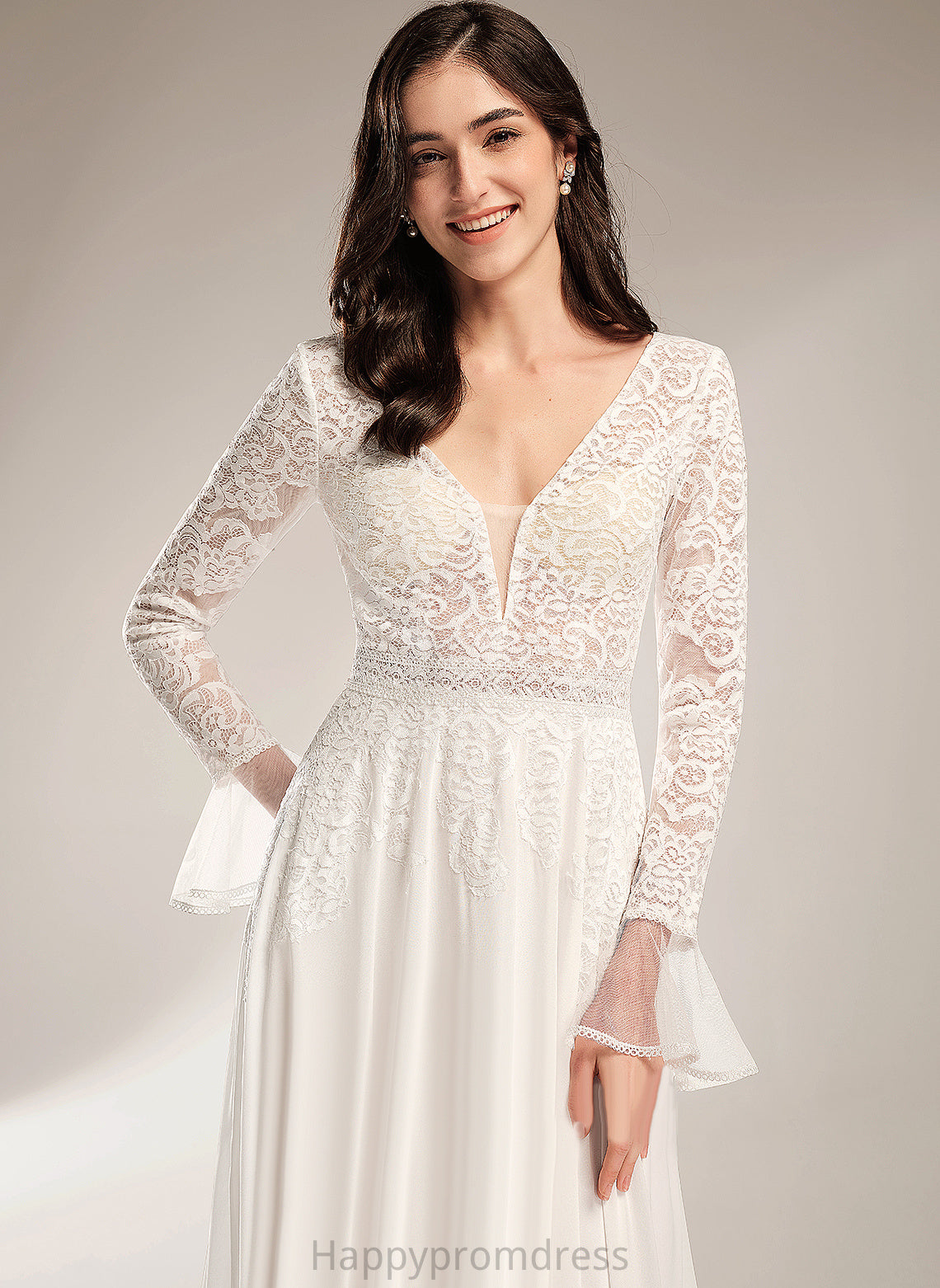 Wedding Dresses Wedding Ruffle Dress Lace Court V-neck Chiffon A-Line Train With Juliet