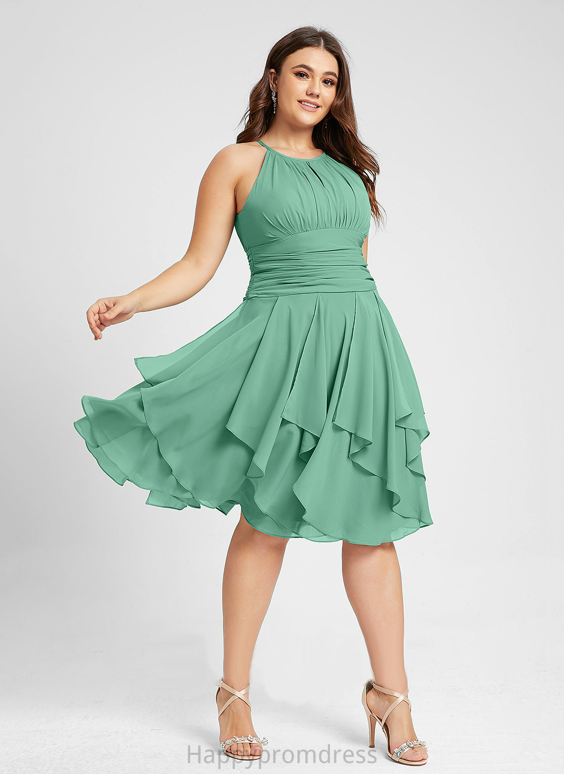 Chiffon Scoop Dress Cocktail Cocktail Dresses Ruffles Juliana Knee-Length Cascading Ruffle A-Line Neck With