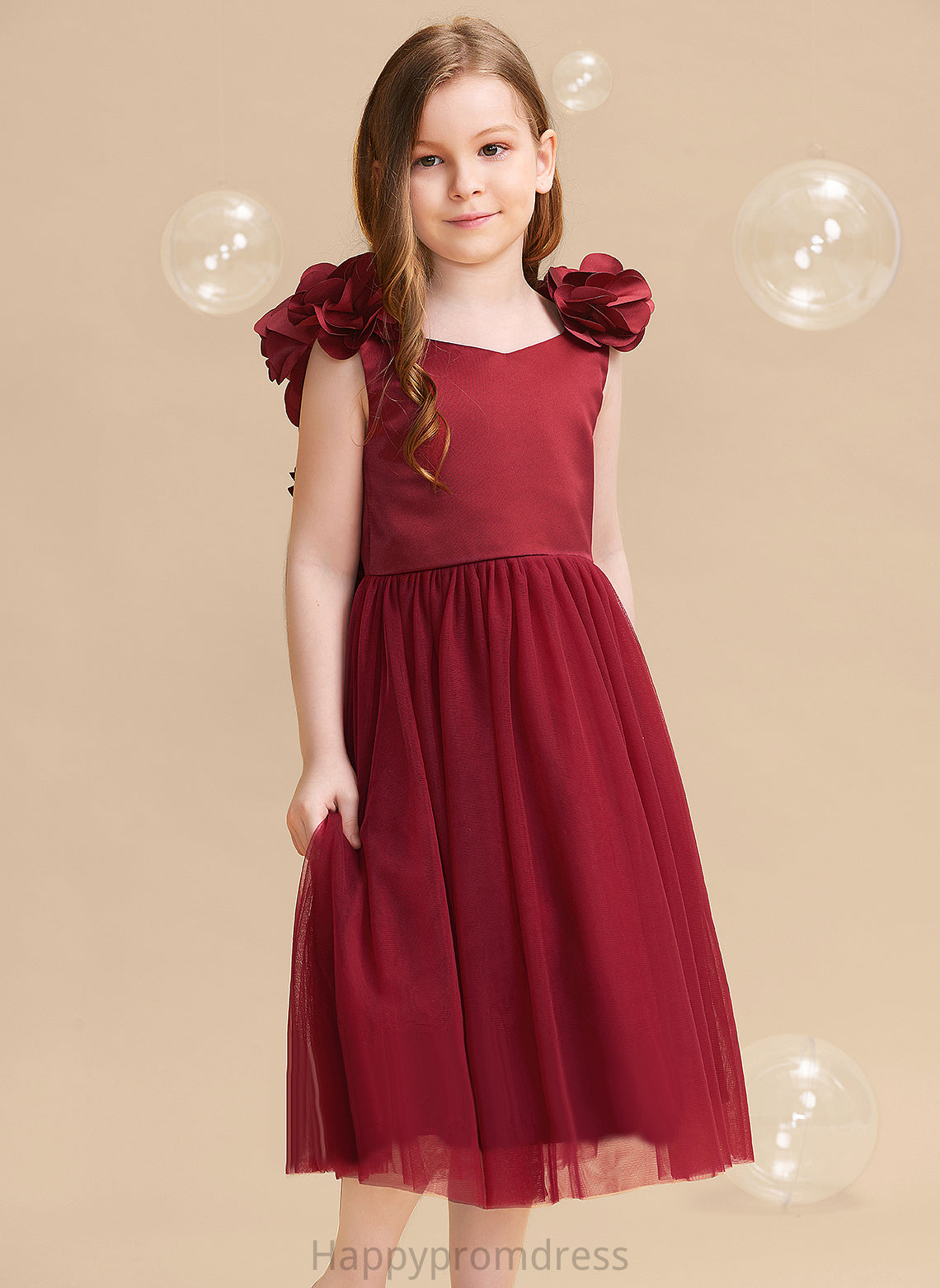 - With Flower(s)/Bow(s) Flower Satin/Tulle Flower Girl Dresses Nora V-neck A-Line Girl Dress Sleeveless Tea-length