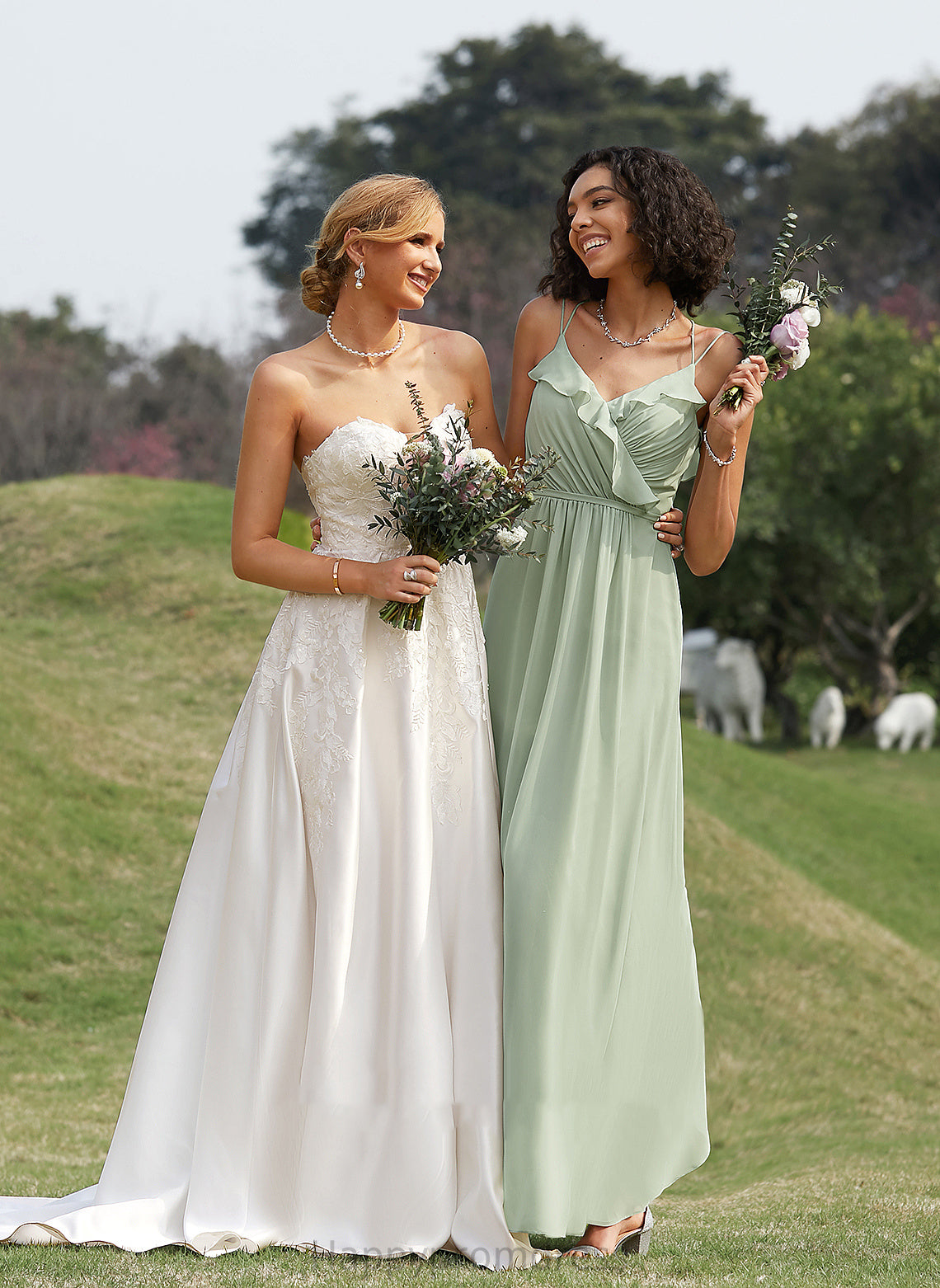 V-neck Floor-Length Embellishment Silhouette Neckline Ruffle Fabric A-Line Length Saniya V-Neck Empire Waist Bridesmaid Dresses