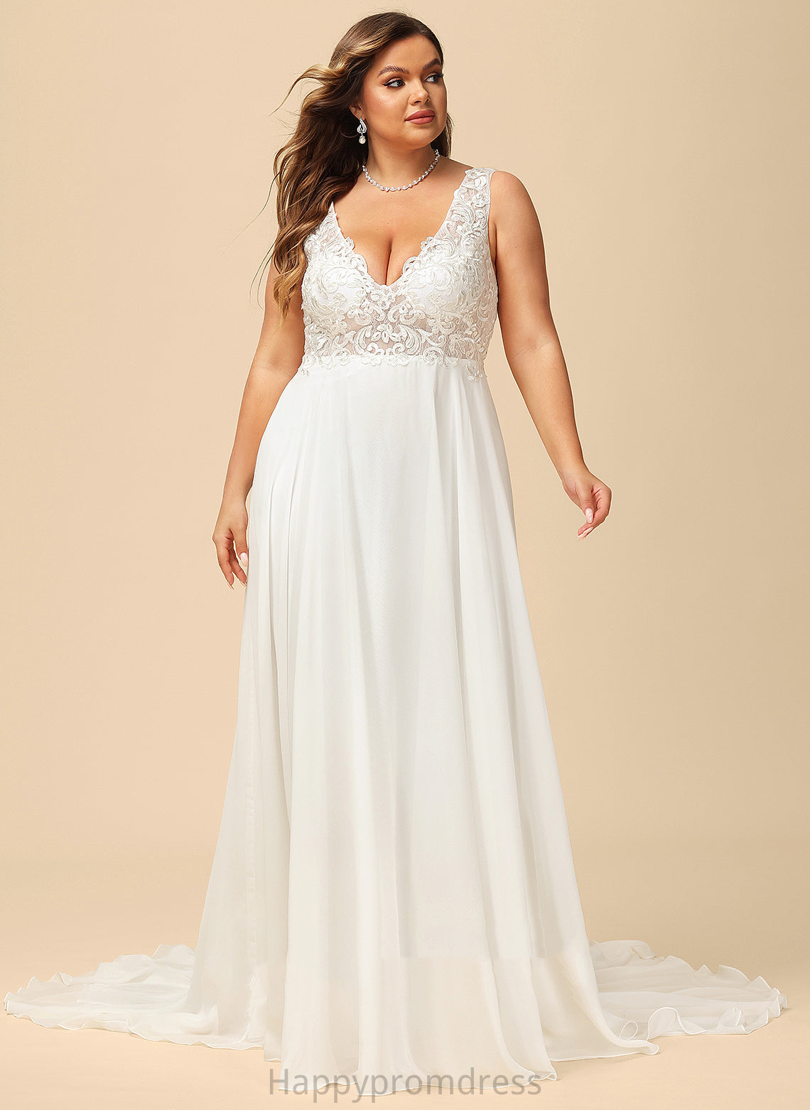 V-neck Train Chiffon Wedding Wedding Dresses Mackenzie Court Lace A-Line Dress