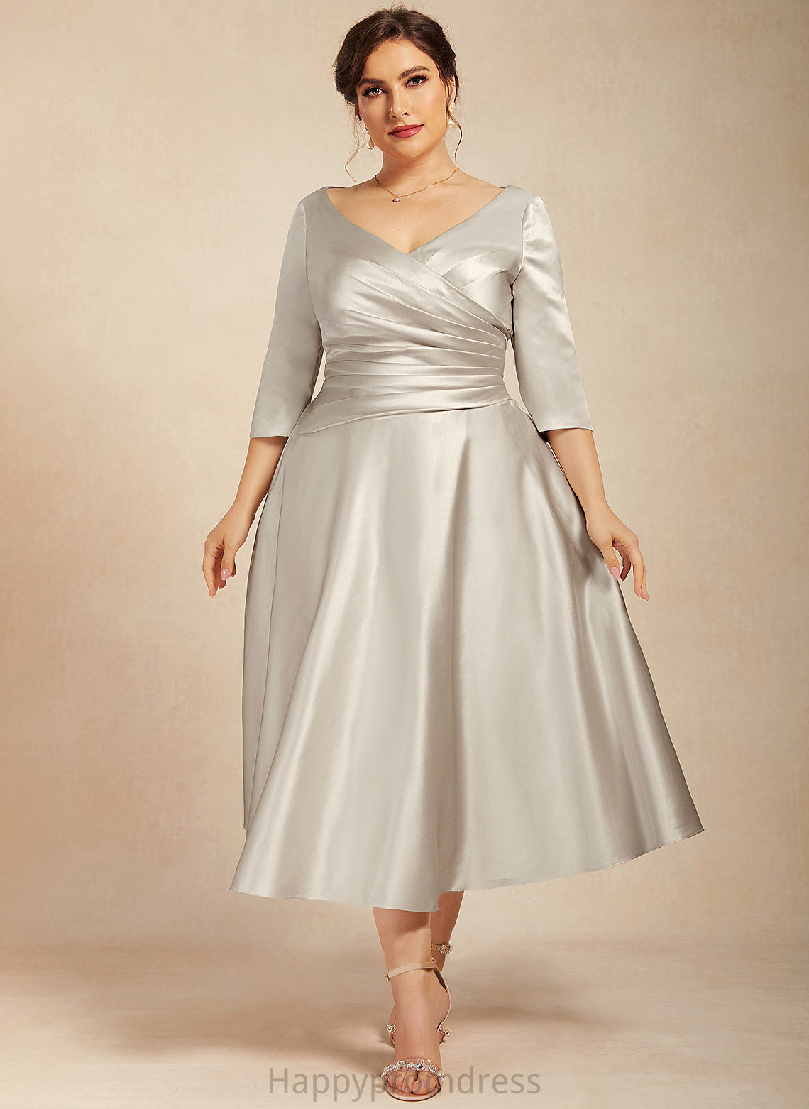 Bride Mother of the Bride Dresses Satin Mother Brenda A-Line With Ruffle Tea-Length V-neck Dress of the