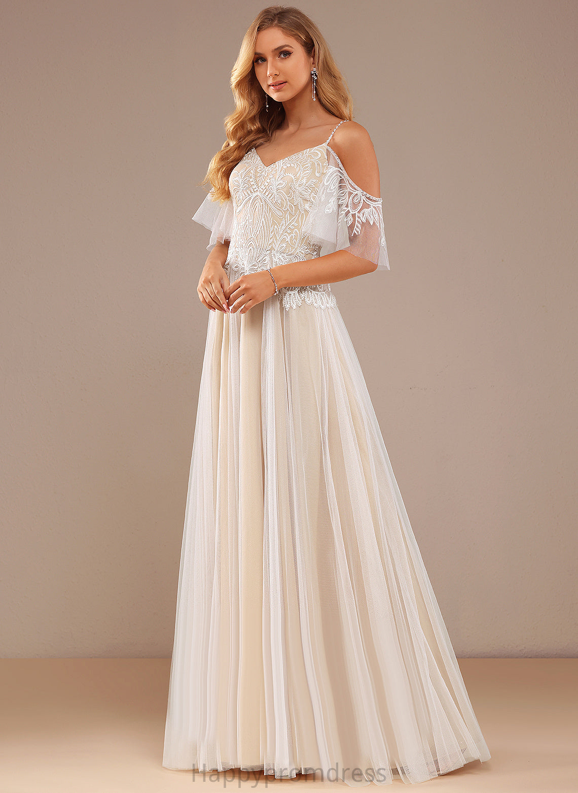 Yoselin Wedding Dresses A-Line Ruffle V-neck Beading With Lace Lace Dress Sequins Tulle Floor-Length Wedding