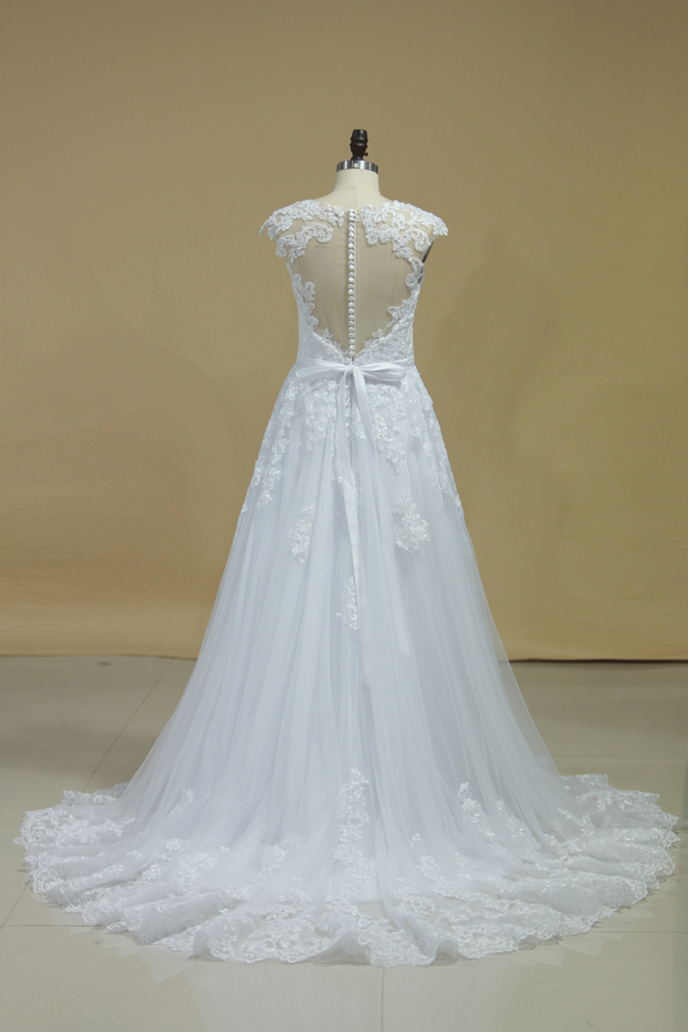 2024 A Line Off The Shoulder Tulle With Applique And Sash Wedding Dresses