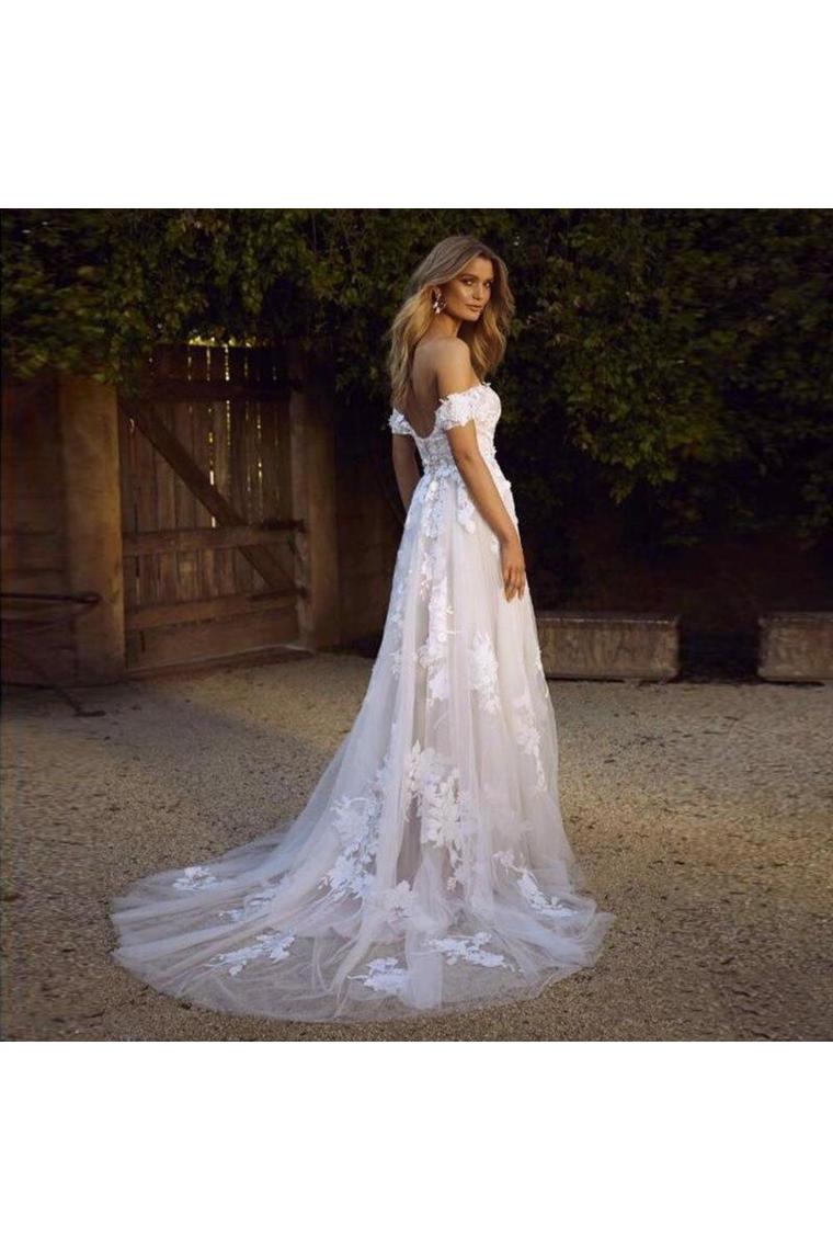 Simple A-Line Off The Shoulder White Beach Wedding Dresses