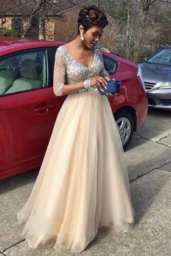 Elegant 3/4 Sleeves V Neck Tulle With Beading Prom Dresses